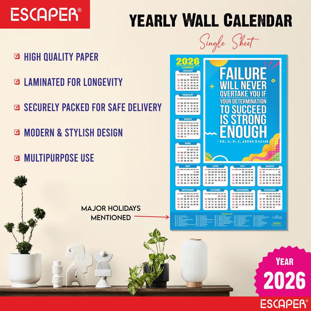 Motivational New Year Wall Calendar 2026 (45x30 cm), Laminated 300 GSM Paper, Inspirational Quotes Wall Calendar 2026, Ideal for Home & Office Decor, Study Room, Wall Art