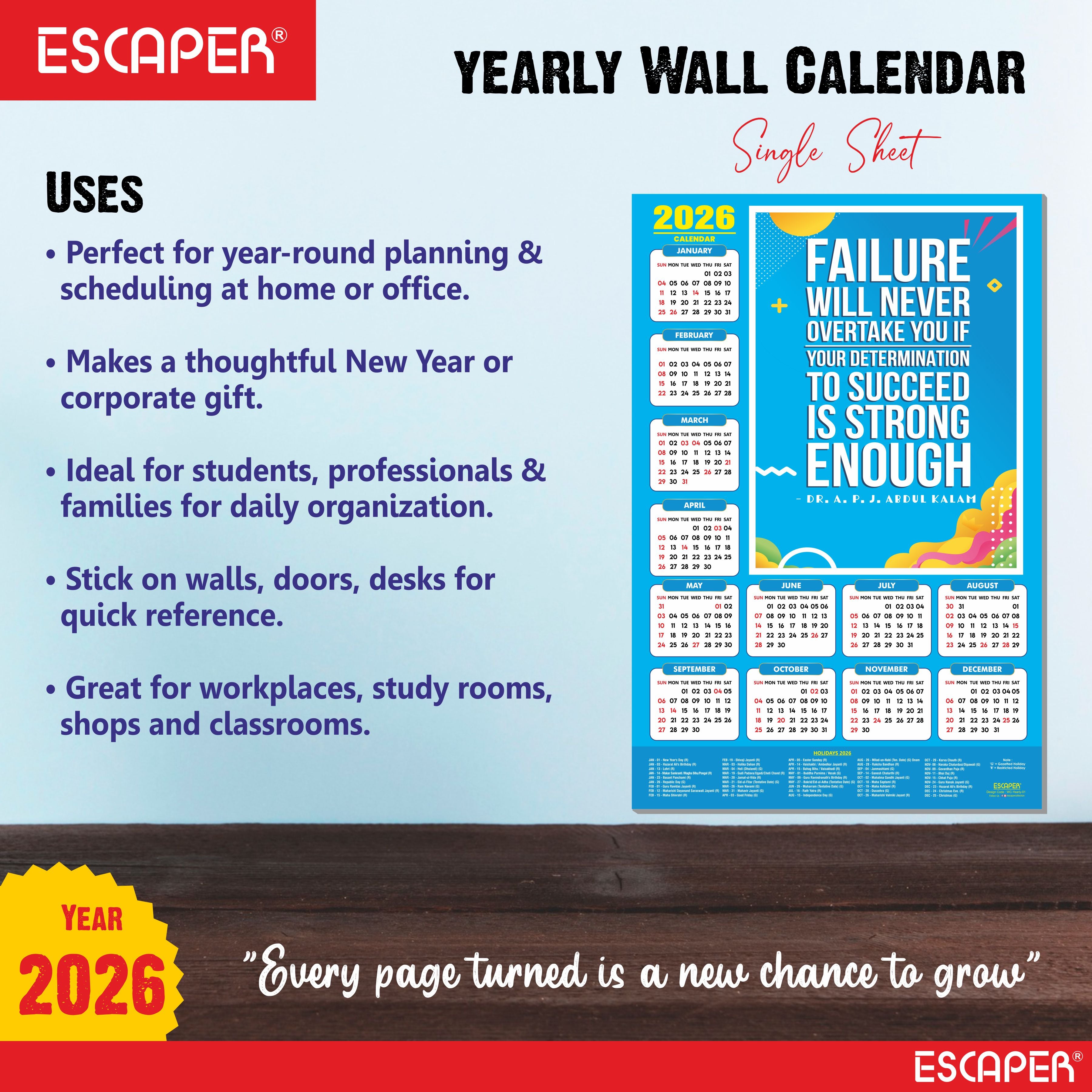Motivational New Year Wall Calendar 2026 (45x30 cm), Laminated 300 GSM Paper, Inspirational Quotes Wall Calendar 2026, Ideal for Home & Office Decor, Study Room, Wall Art