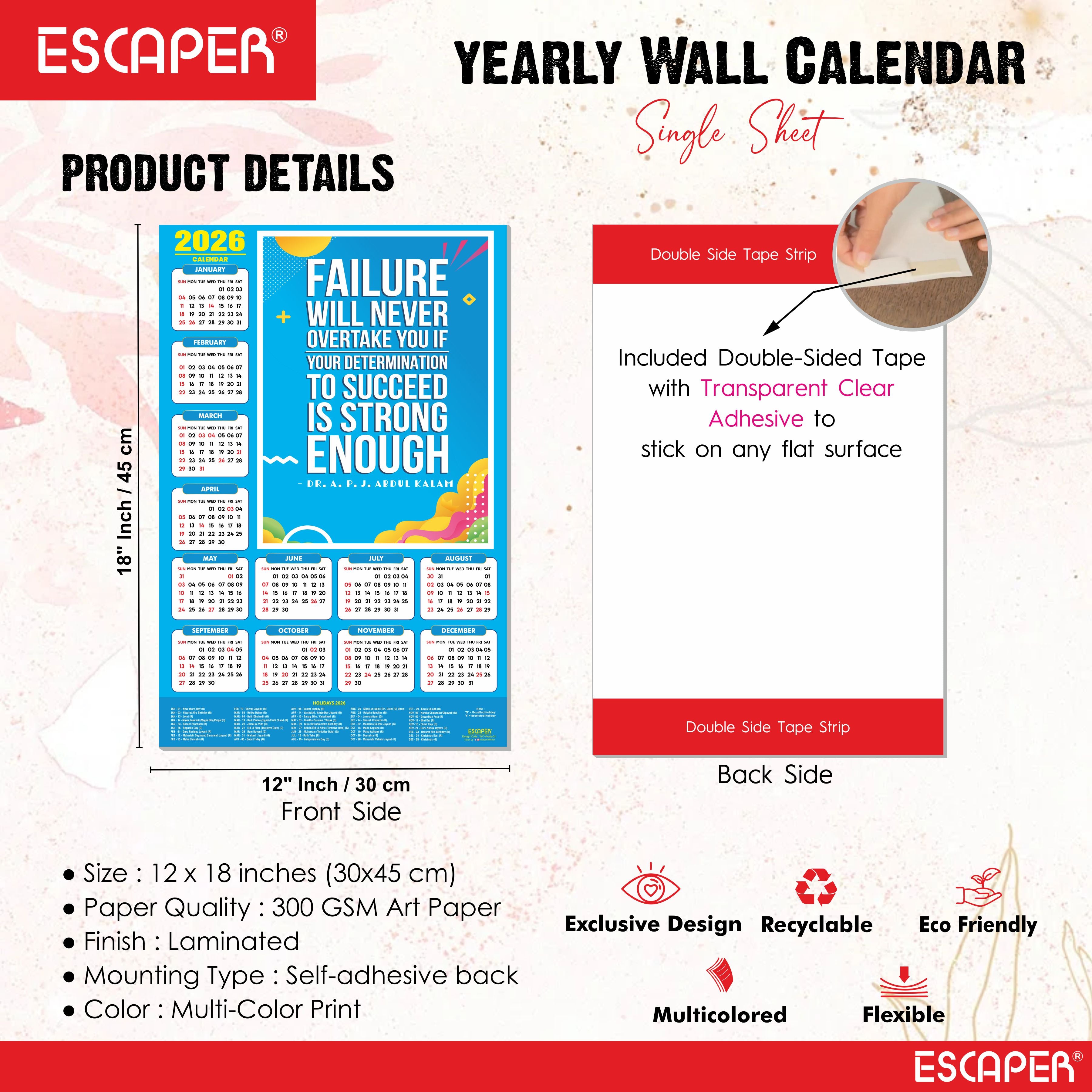 Motivational New Year Wall Calendar 2026 (45x30 cm), Laminated 300 GSM Paper, Inspirational Quotes Wall Calendar 2026, Ideal for Home & Office Decor, Study Room, Wall Art