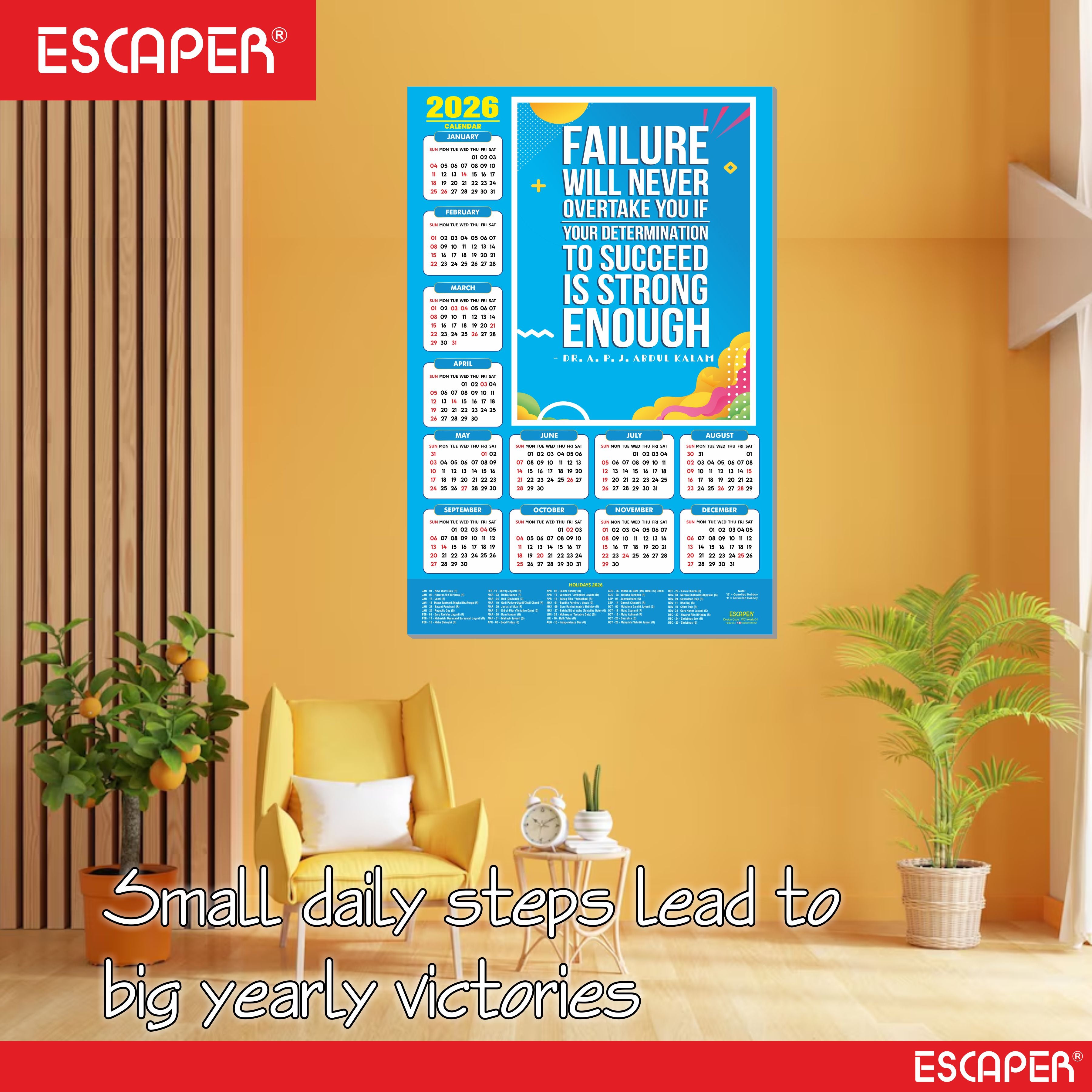 Motivational New Year Wall Calendar 2026 (45x30 cm), Laminated 300 GSM Paper, Inspirational Quotes Wall Calendar 2026, Ideal for Home & Office Decor, Study Room, Wall Art