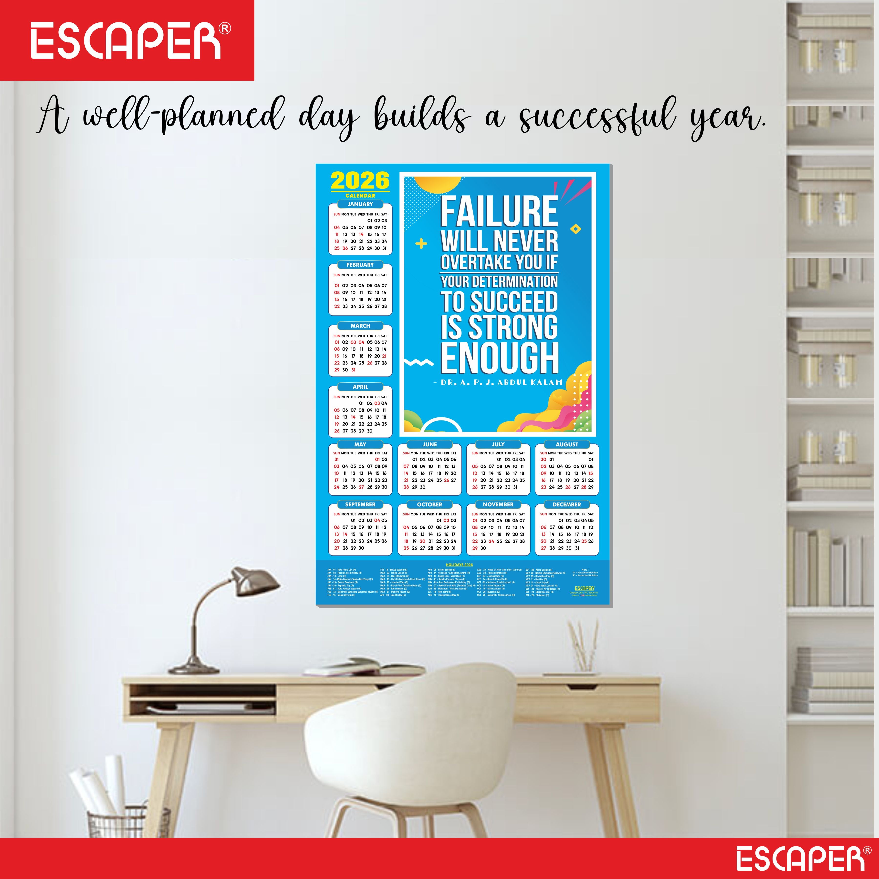 Motivational New Year Wall Calendar 2026 (45x30 cm), Laminated 300 GSM Paper, Inspirational Quotes Wall Calendar 2026, Ideal for Home & Office Decor, Study Room, Wall Art