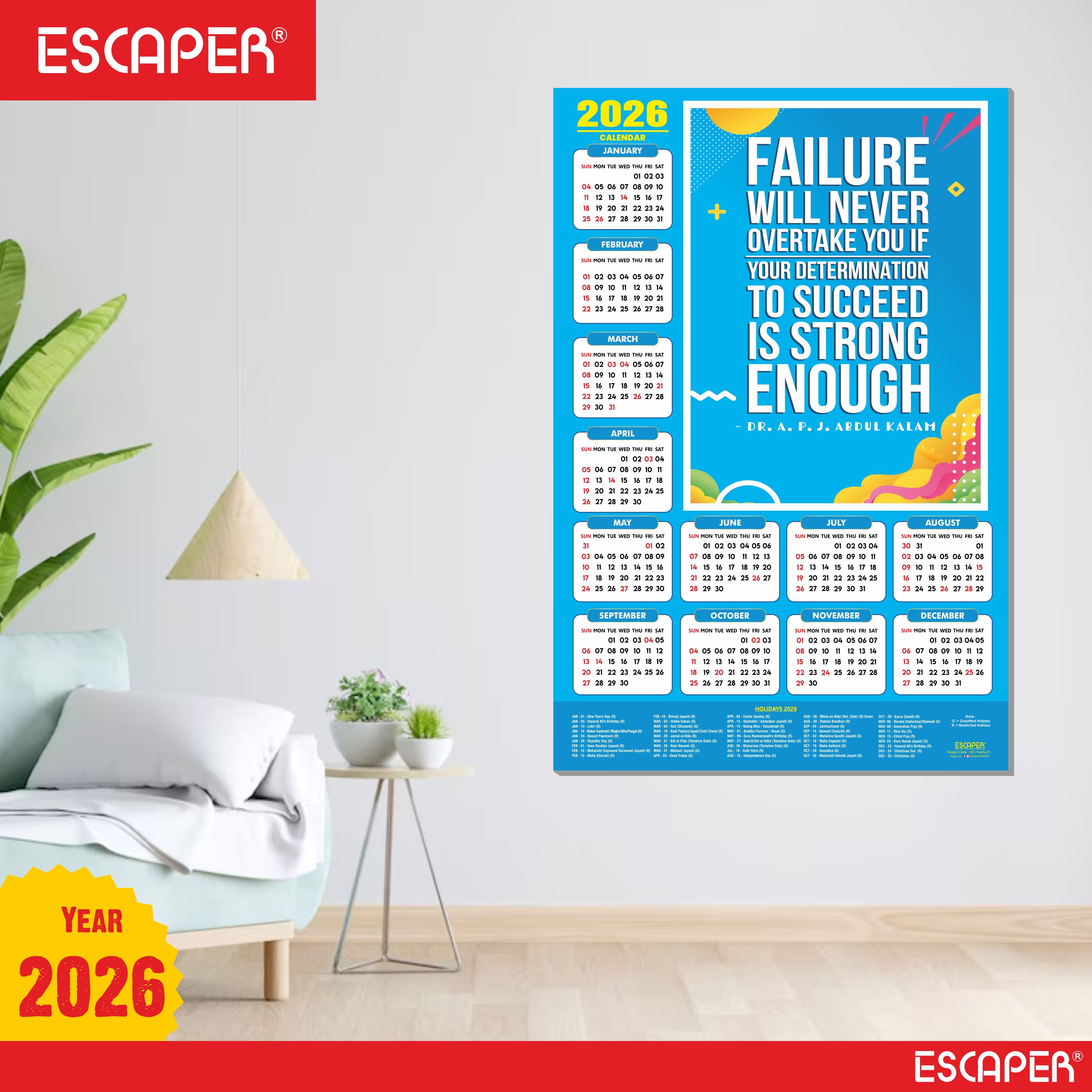 Motivational New Year Wall Calendar 2026 (45x30 cm), Laminated 300 GSM Paper, Inspirational Quotes Wall Calendar 2026, Ideal for Home & Office Decor, Study Room, Wall Art
