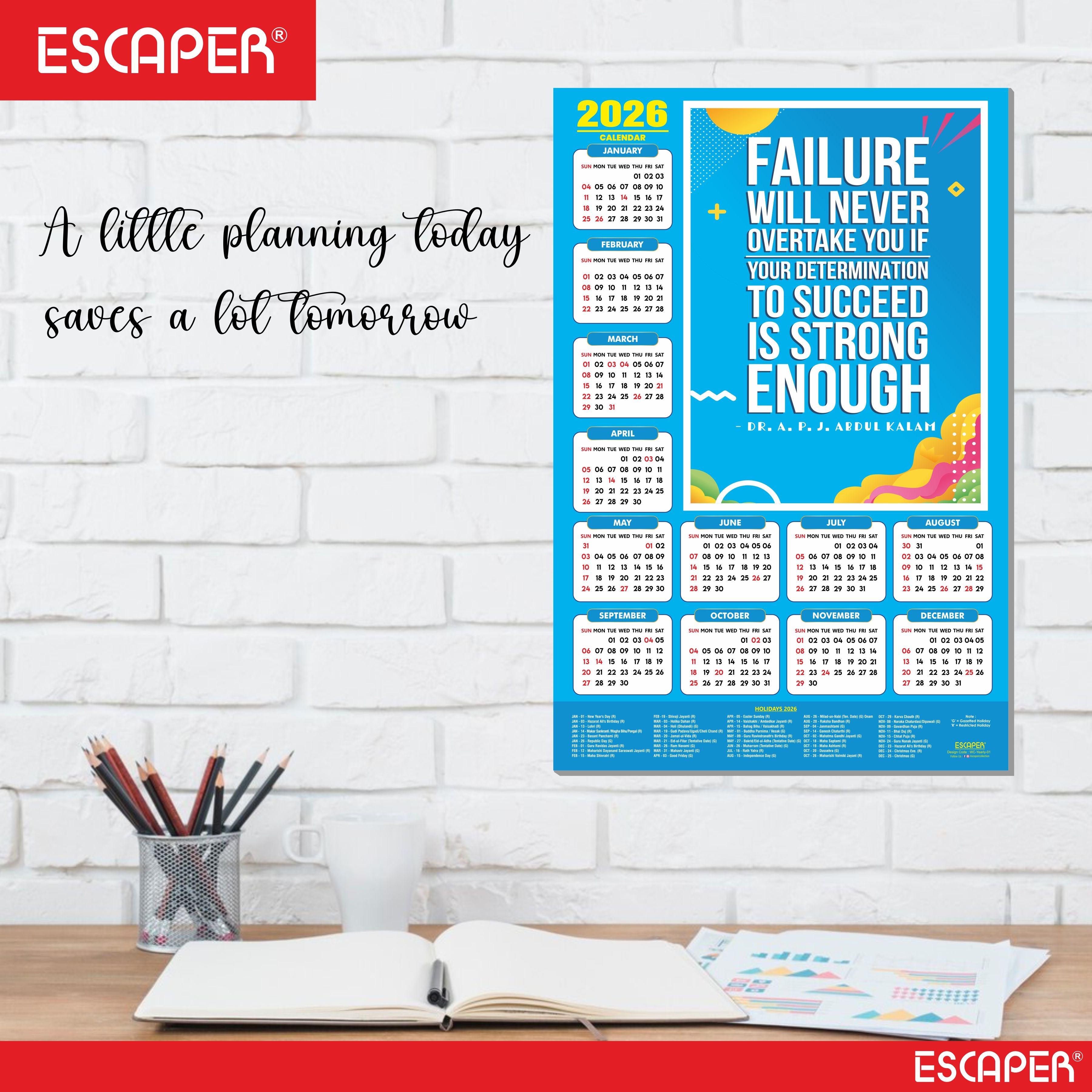 Motivational New Year Wall Calendar 2026 (45x30 cm), Laminated 300 GSM Paper, Inspirational Quotes Wall Calendar 2026, Ideal for Home & Office Decor, Study Room, Wall Art