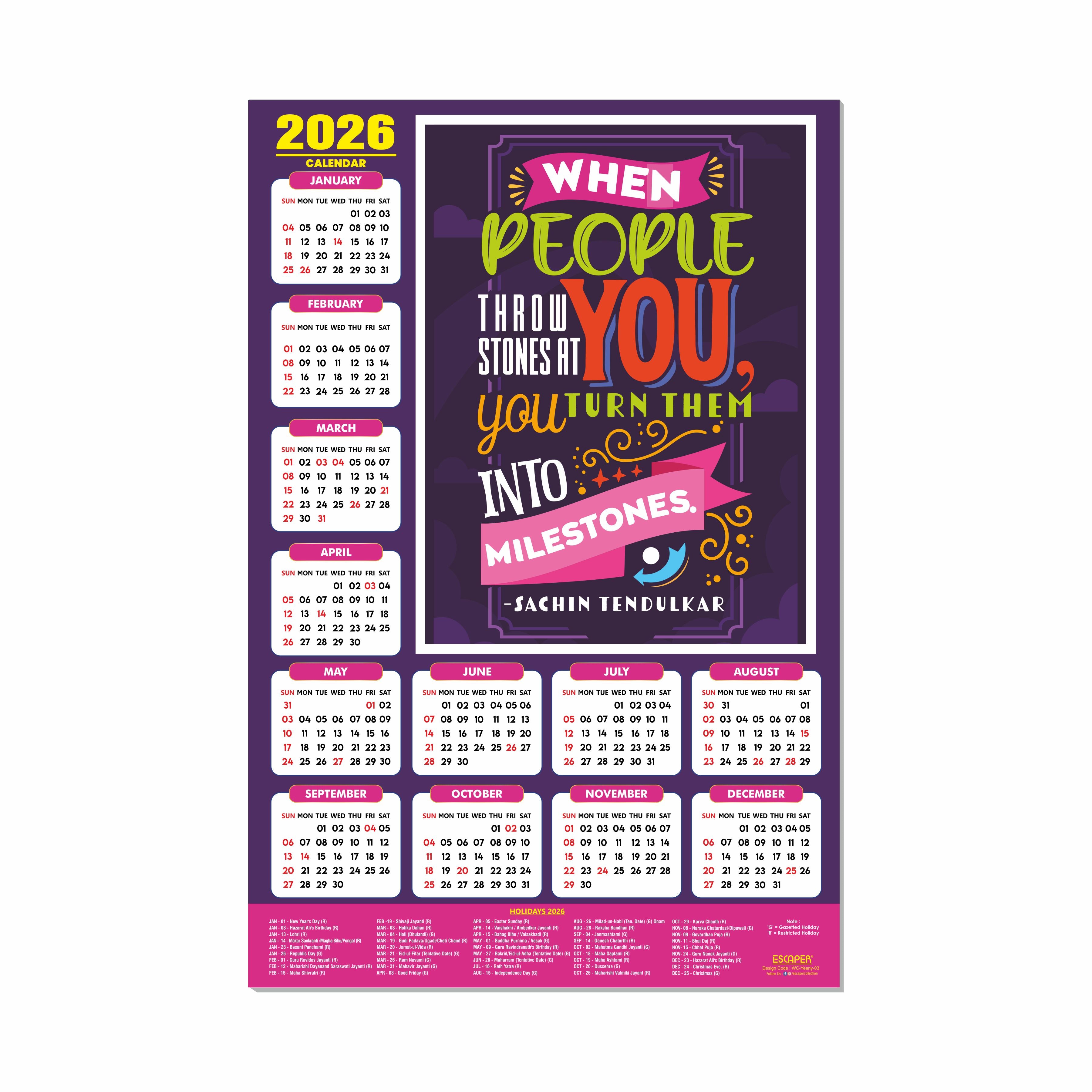 Motivational New Year Wall Calendar 2026 (45x30 cm) Laminated, 300 GSM Paper, Self Adhesive Back, Inspirational Wall Art For Home & Office Decor, Study Room