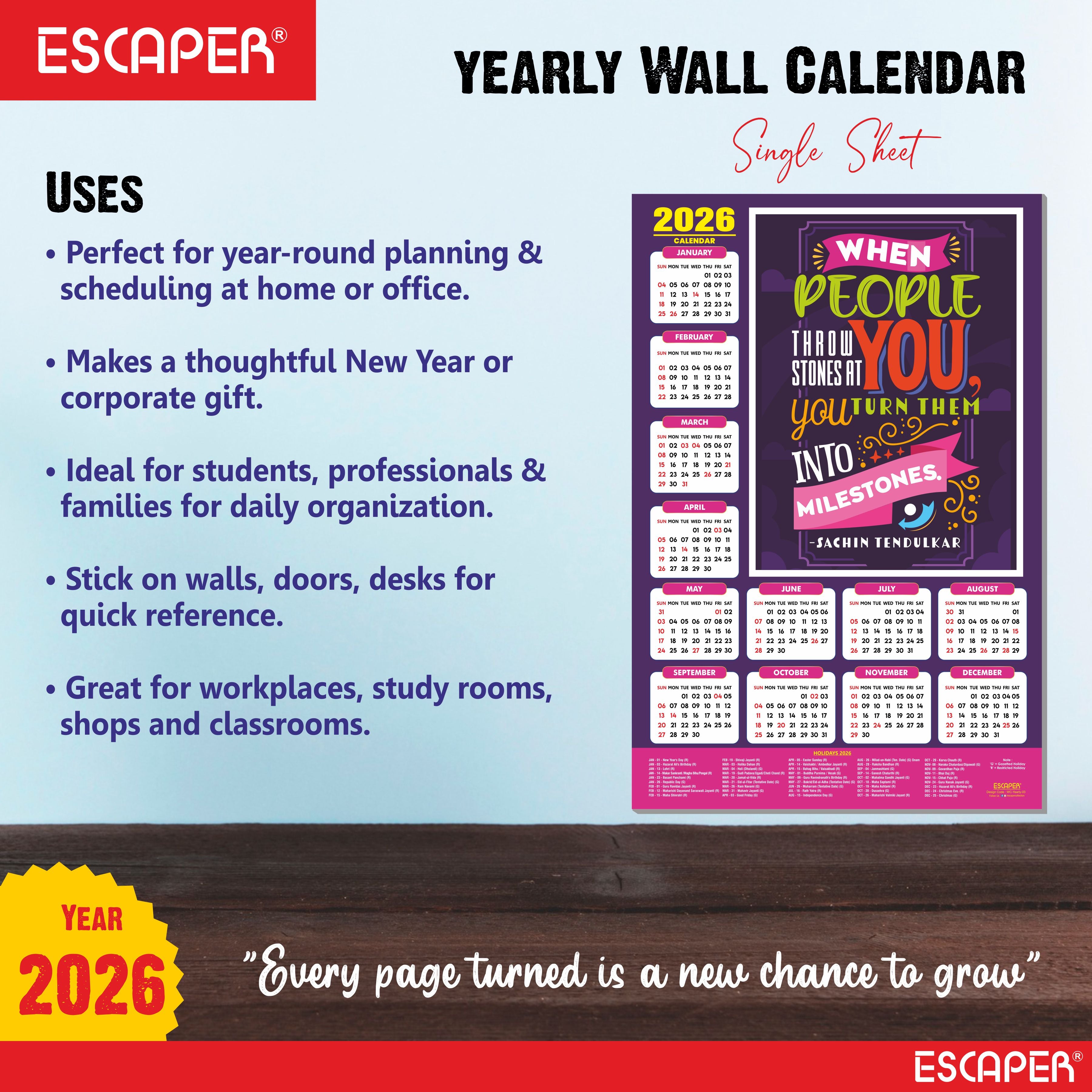Motivational New Year Wall Calendar 2026 (45x30 cm) Laminated, 300 GSM Paper, Self Adhesive Back, Inspirational Wall Art For Home & Office Decor, Study Room