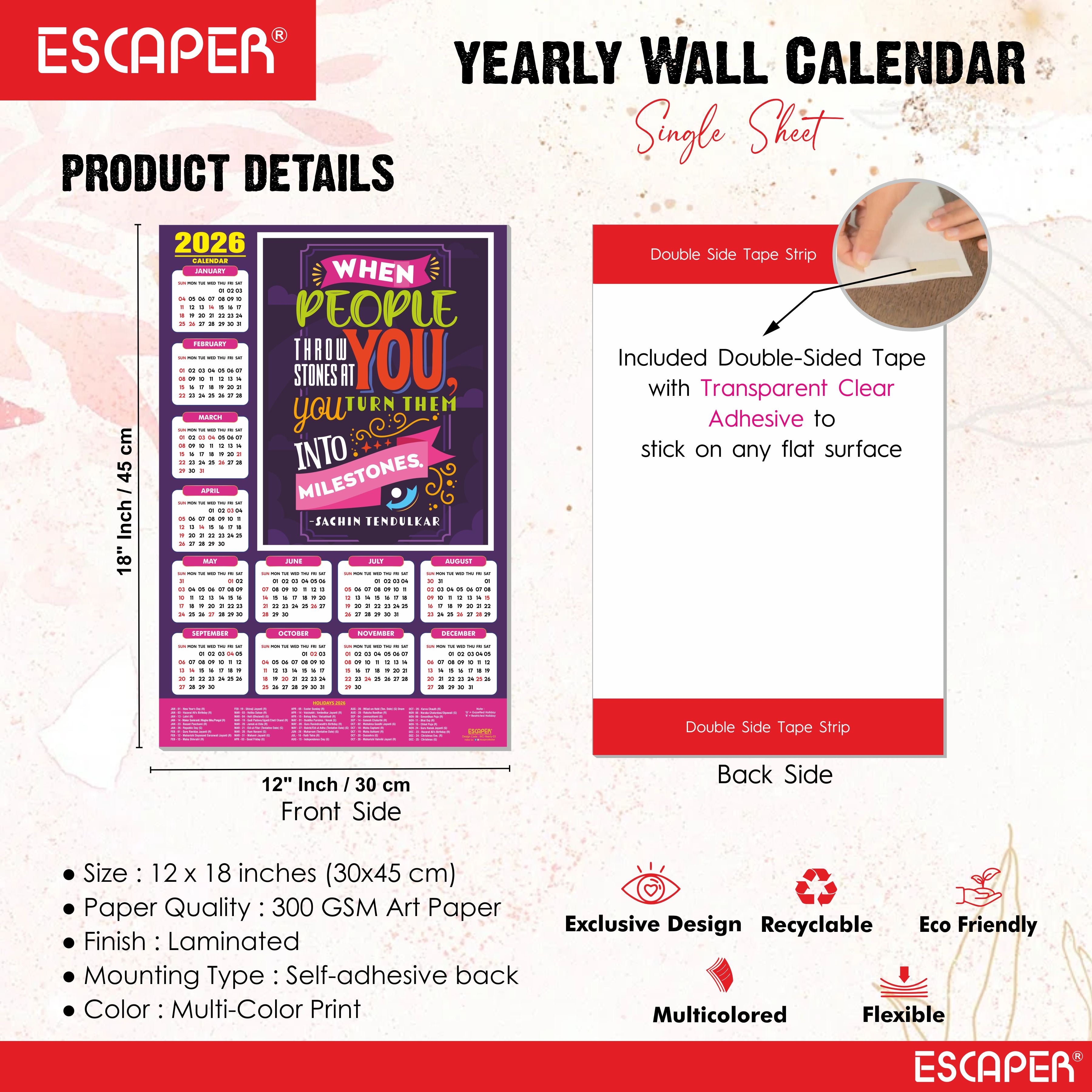 Motivational New Year Wall Calendar 2026 (45x30 cm) Laminated, 300 GSM Paper, Self Adhesive Back, Inspirational Wall Art For Home & Office Decor, Study Room