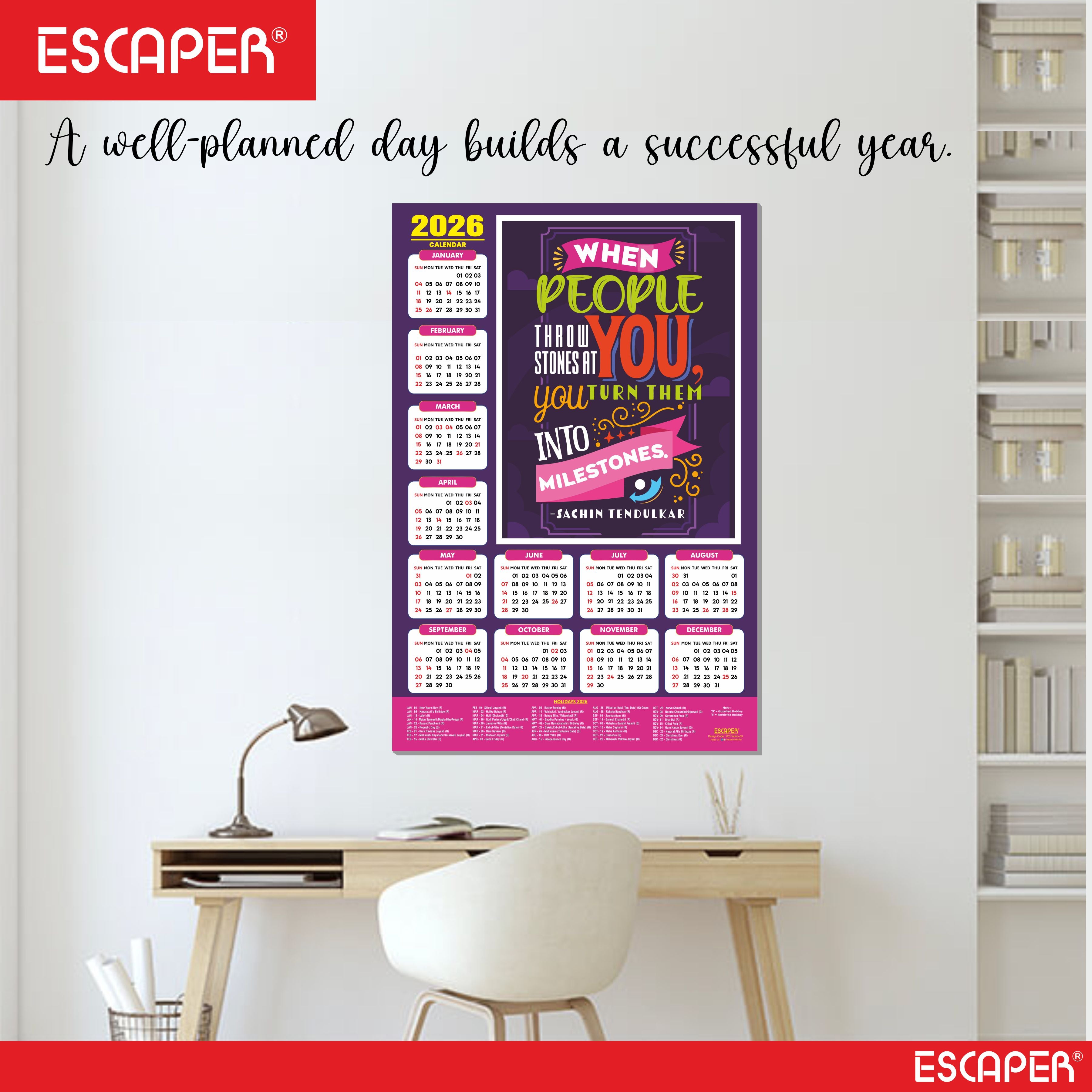Motivational New Year Wall Calendar 2026 (45x30 cm) Laminated, 300 GSM Paper, Self Adhesive Back, Inspirational Wall Art For Home & Office Decor, Study Room