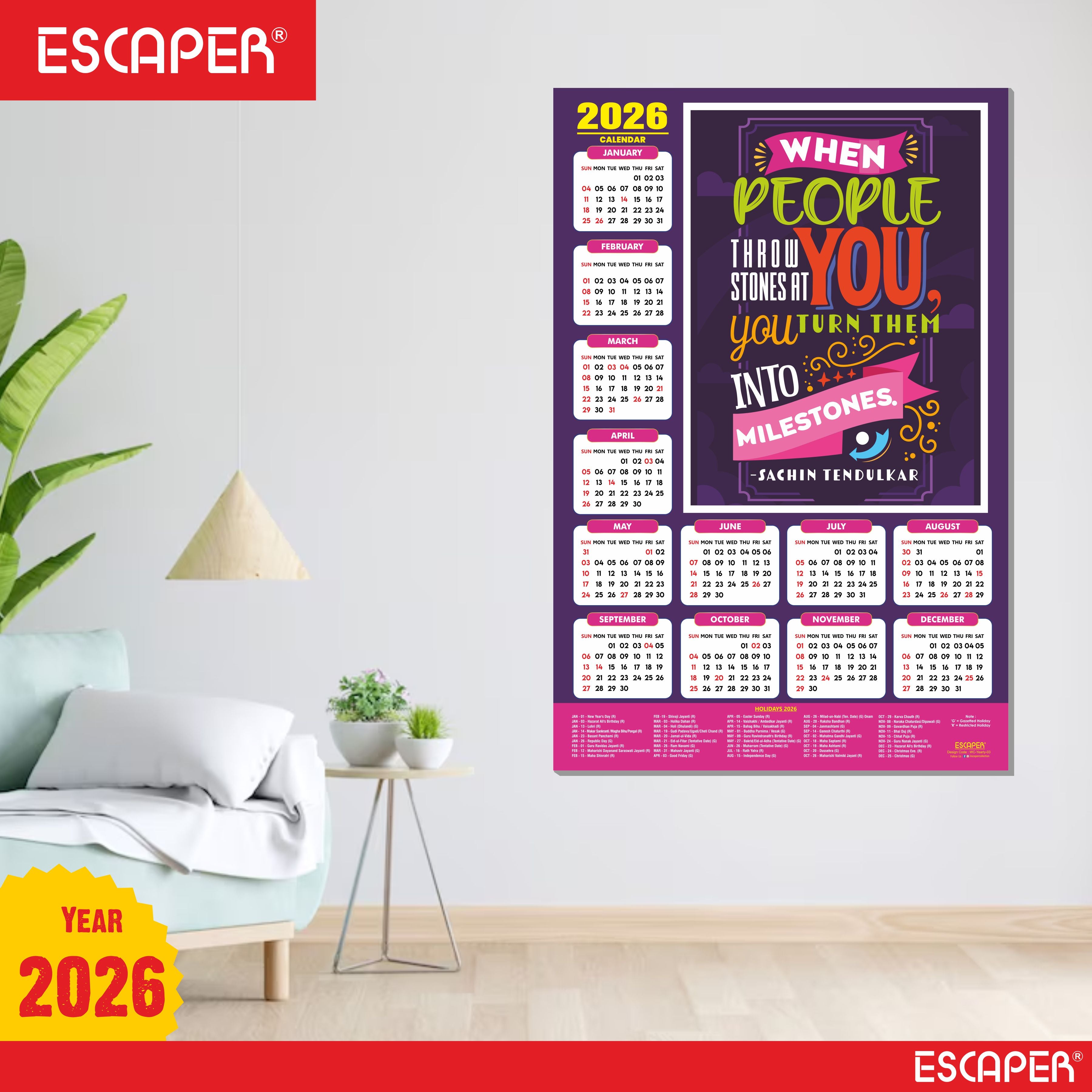 Motivational New Year Wall Calendar 2026 (45x30 cm) Laminated, 300 GSM Paper, Self Adhesive Back, Inspirational Wall Art For Home & Office Decor, Study Room