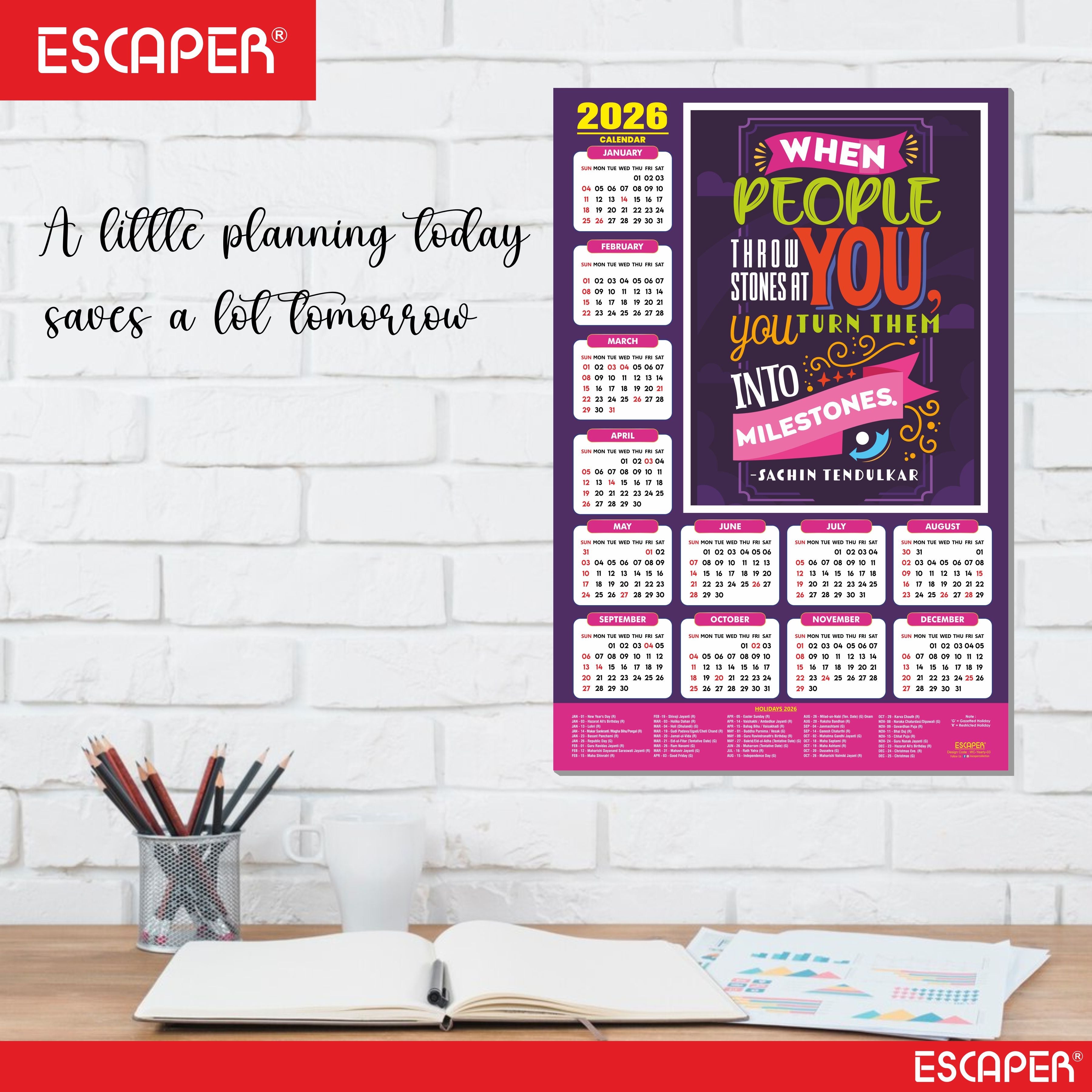 Motivational New Year Wall Calendar 2026 (45x30 cm) Laminated, 300 GSM Paper, Self Adhesive Back, Inspirational Wall Art For Home & Office Decor, Study Room