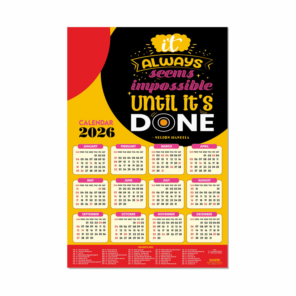Inspirational New Year Wall Calendar 2026 (45x30 cm) Laminated, 300 GSM Paper, Self Adhesive Back, Motivational Wall Art For Home & Office Decor, Study Room