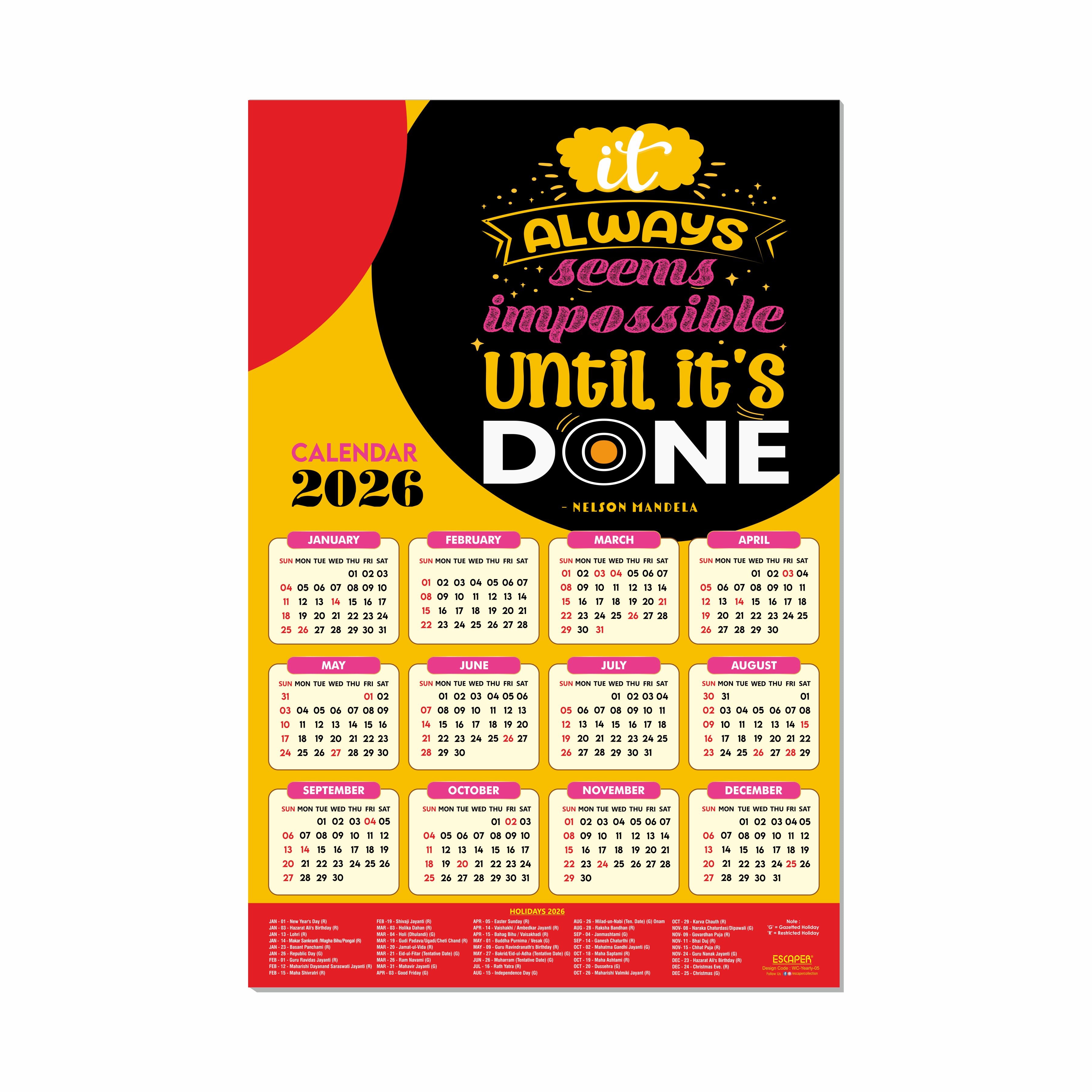 Inspirational New Year Wall Calendar 2026 (45x30 cm) Laminated, 300 GSM Paper, Self Adhesive Back, Motivational Wall Art For Home & Office Decor, Study Room