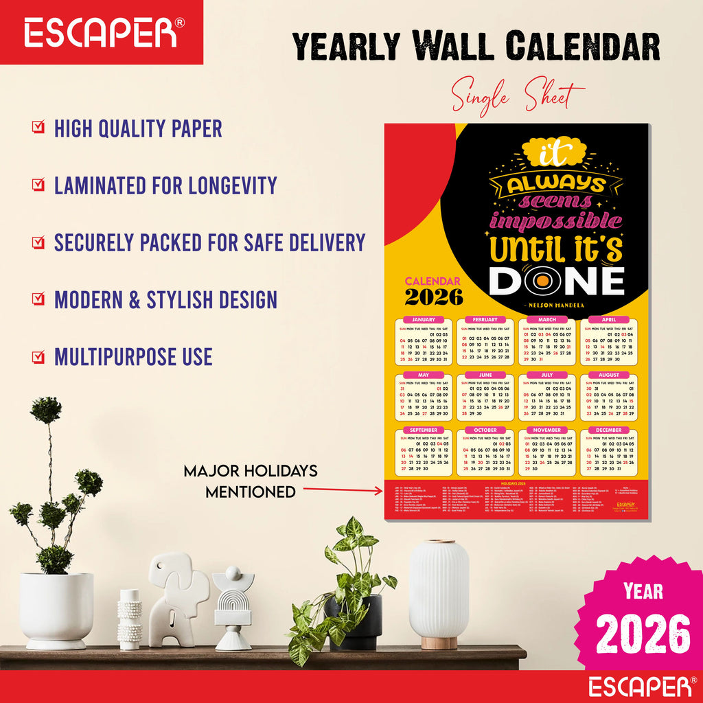 Inspirational New Year Wall Calendar 2026 (45x30 cm) Laminated, 300 GSM Paper, Self Adhesive Back, Motivational Wall Art For Home & Office Decor, Study Room
