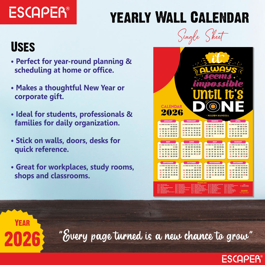 Inspirational New Year Wall Calendar 2026 (45x30 cm) Laminated, 300 GSM Paper, Self Adhesive Back, Motivational Wall Art For Home & Office Decor, Study Room