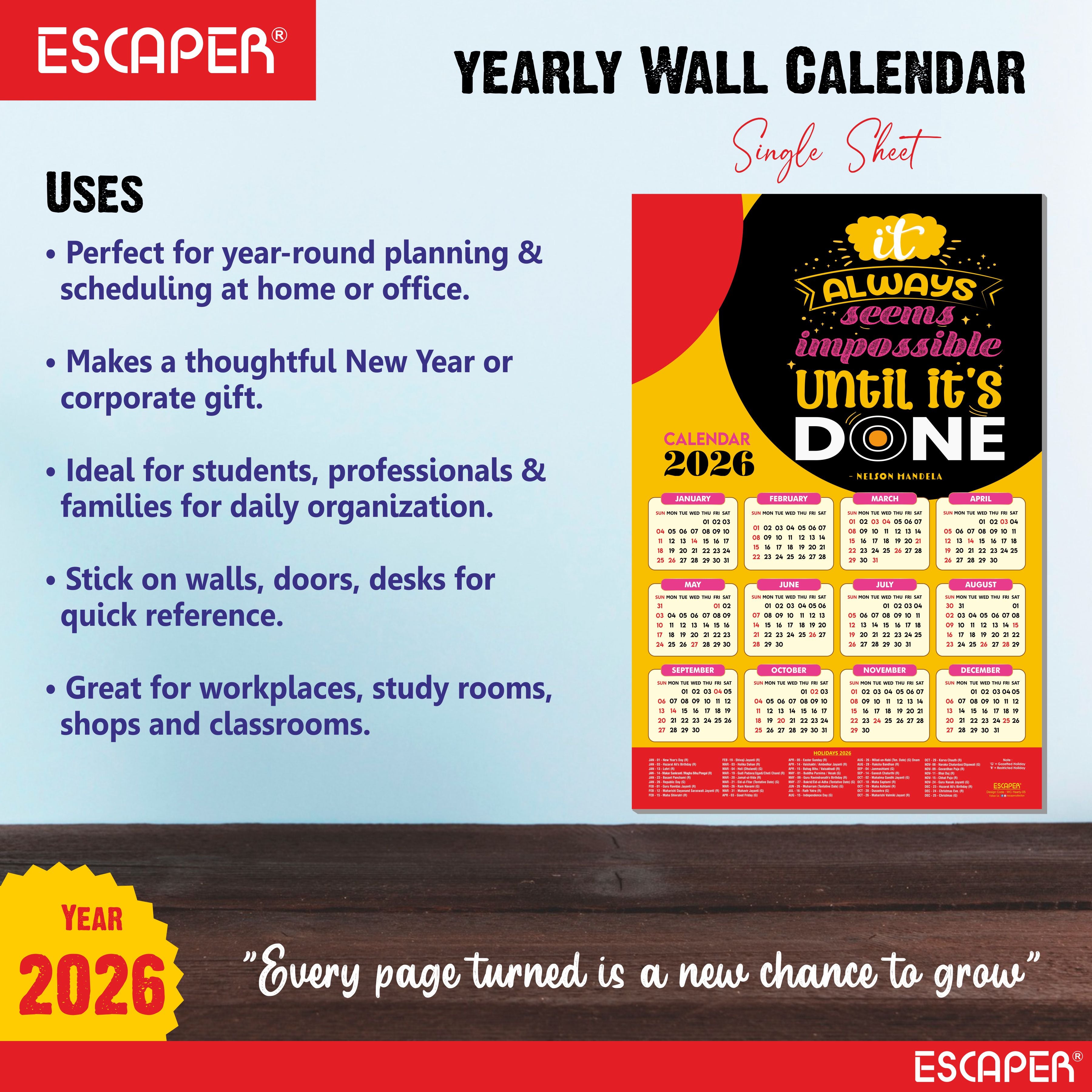 Inspirational New Year Wall Calendar 2026 (45x30 cm) Laminated, 300 GSM Paper, Self Adhesive Back, Motivational Wall Art For Home & Office Decor, Study Room