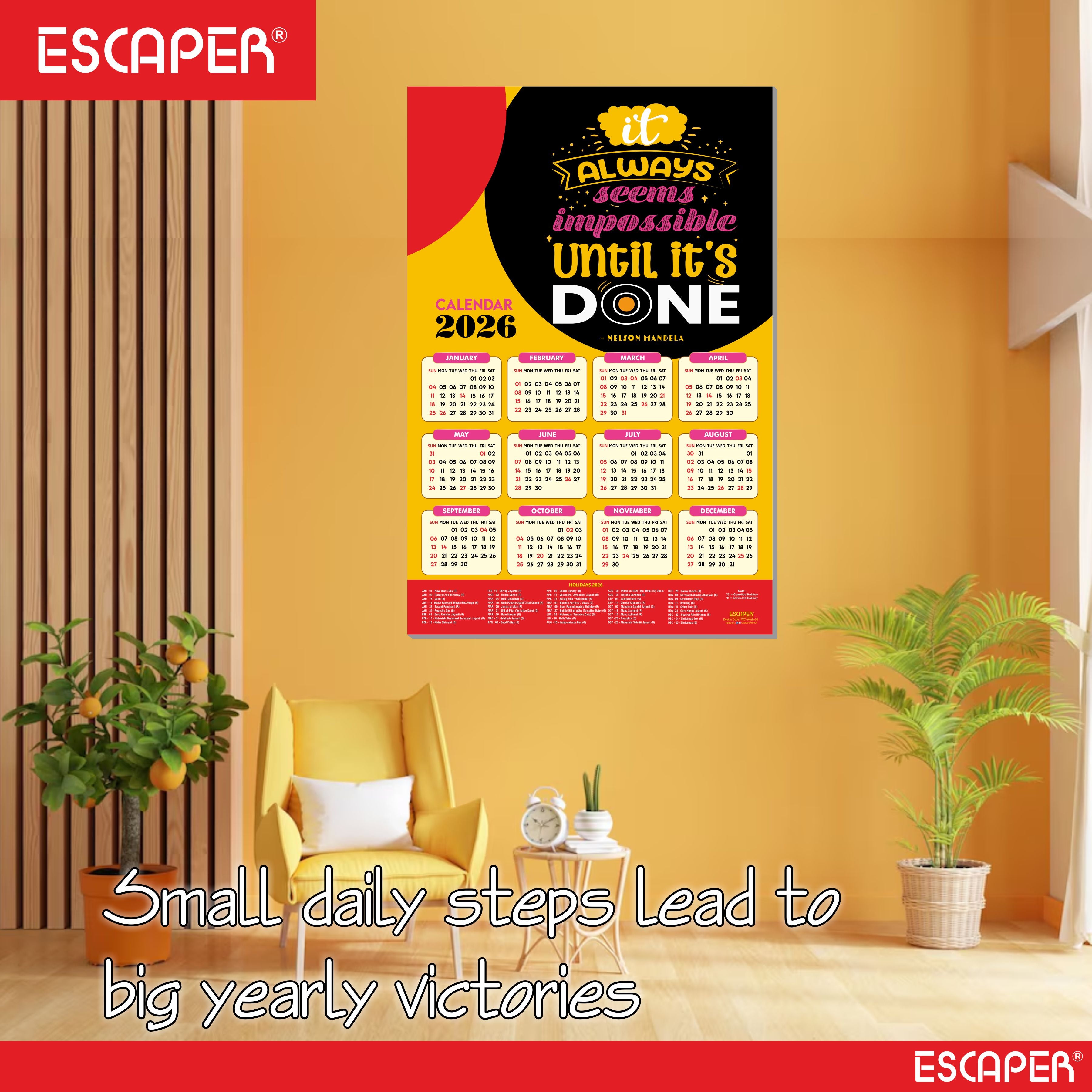 Inspirational New Year Wall Calendar 2026 (45x30 cm) Laminated, 300 GSM Paper, Self Adhesive Back, Motivational Wall Art For Home & Office Decor, Study Room
