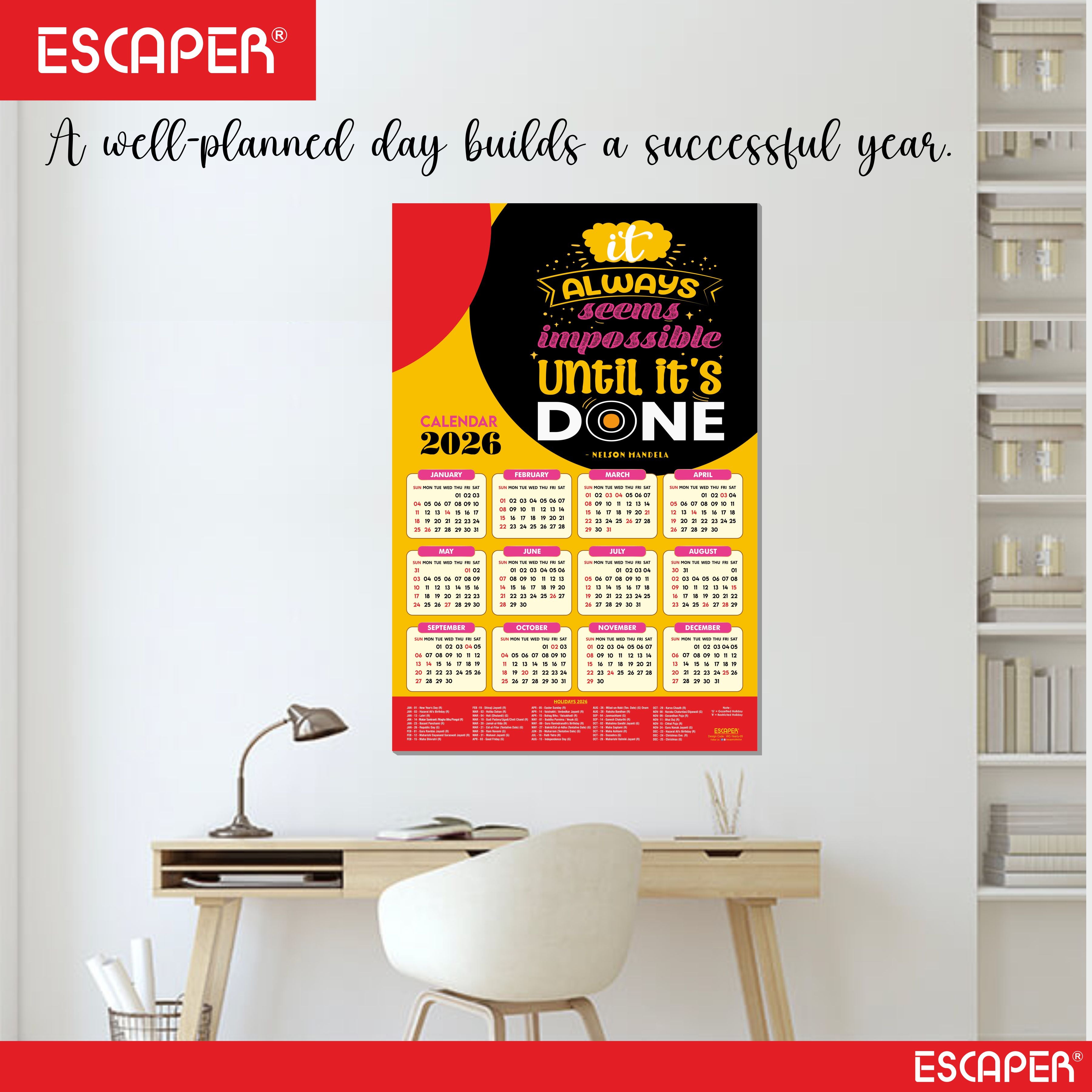 Inspirational New Year Wall Calendar 2026 (45x30 cm) Laminated, 300 GSM Paper, Self Adhesive Back, Motivational Wall Art For Home & Office Decor, Study Room