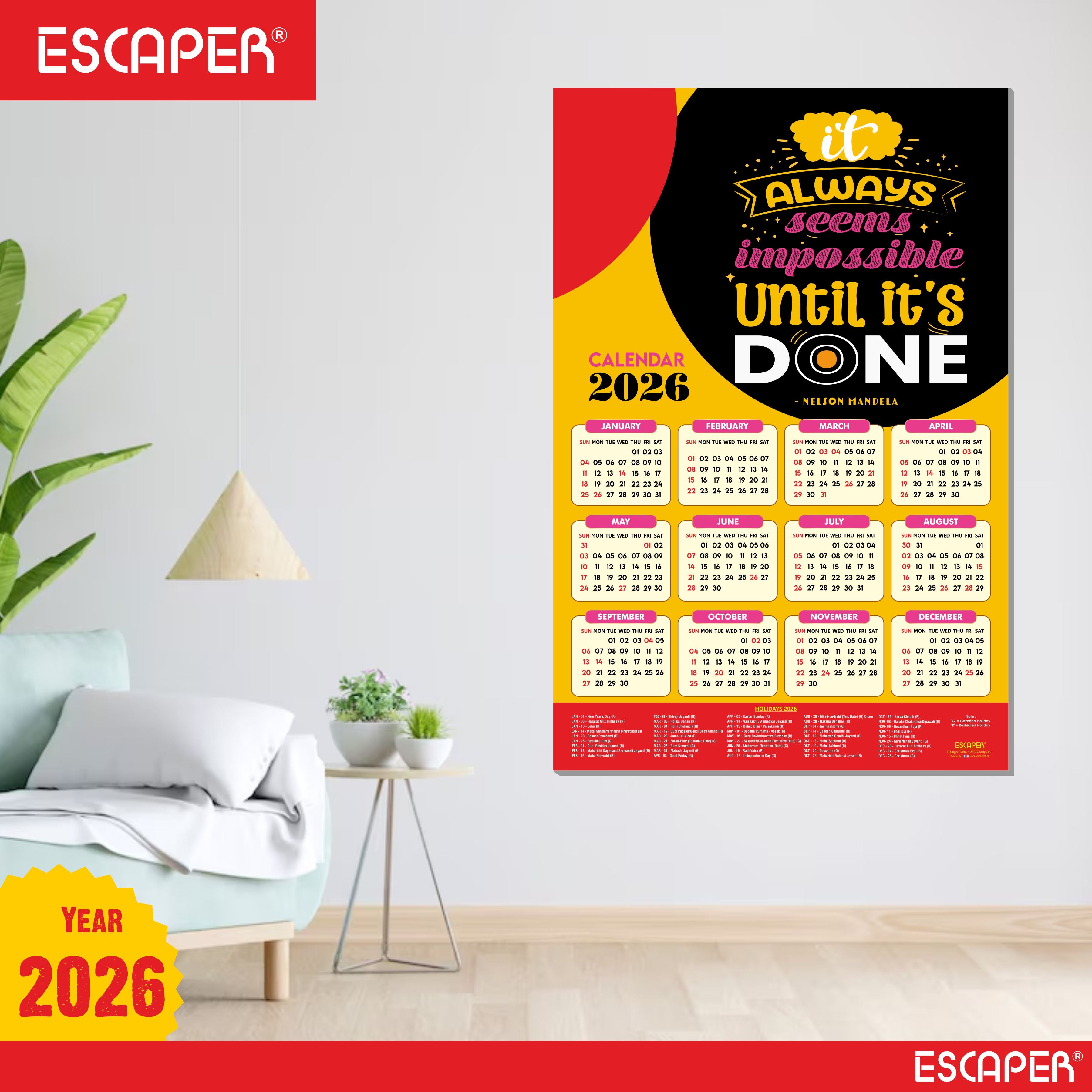 Inspirational New Year Wall Calendar 2026 (45x30 cm) Laminated, 300 GSM Paper, Self Adhesive Back, Motivational Wall Art For Home & Office Decor, Study Room