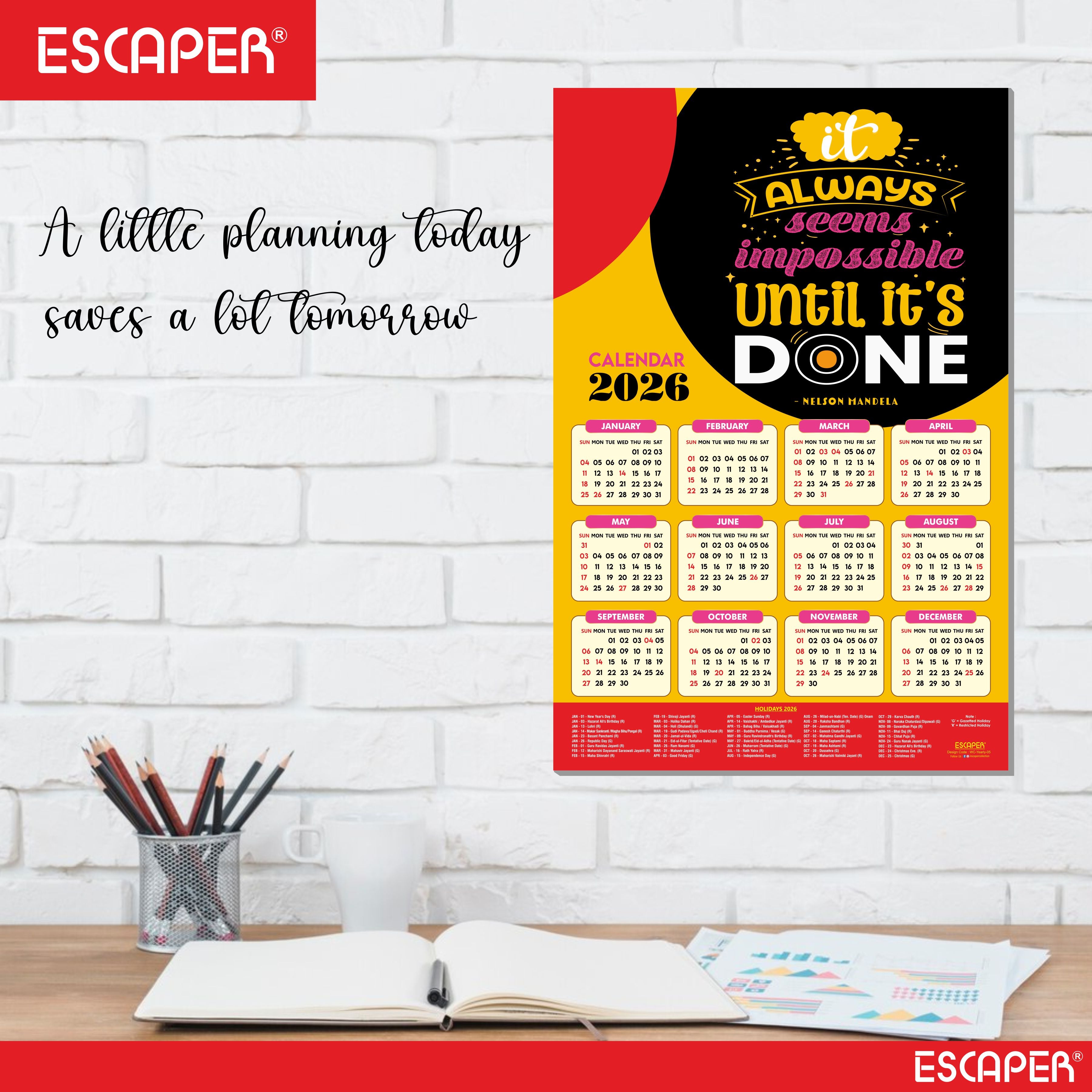 Inspirational New Year Wall Calendar 2026 (45x30 cm) Laminated, 300 GSM Paper, Self Adhesive Back, Motivational Wall Art For Home & Office Decor, Study Room