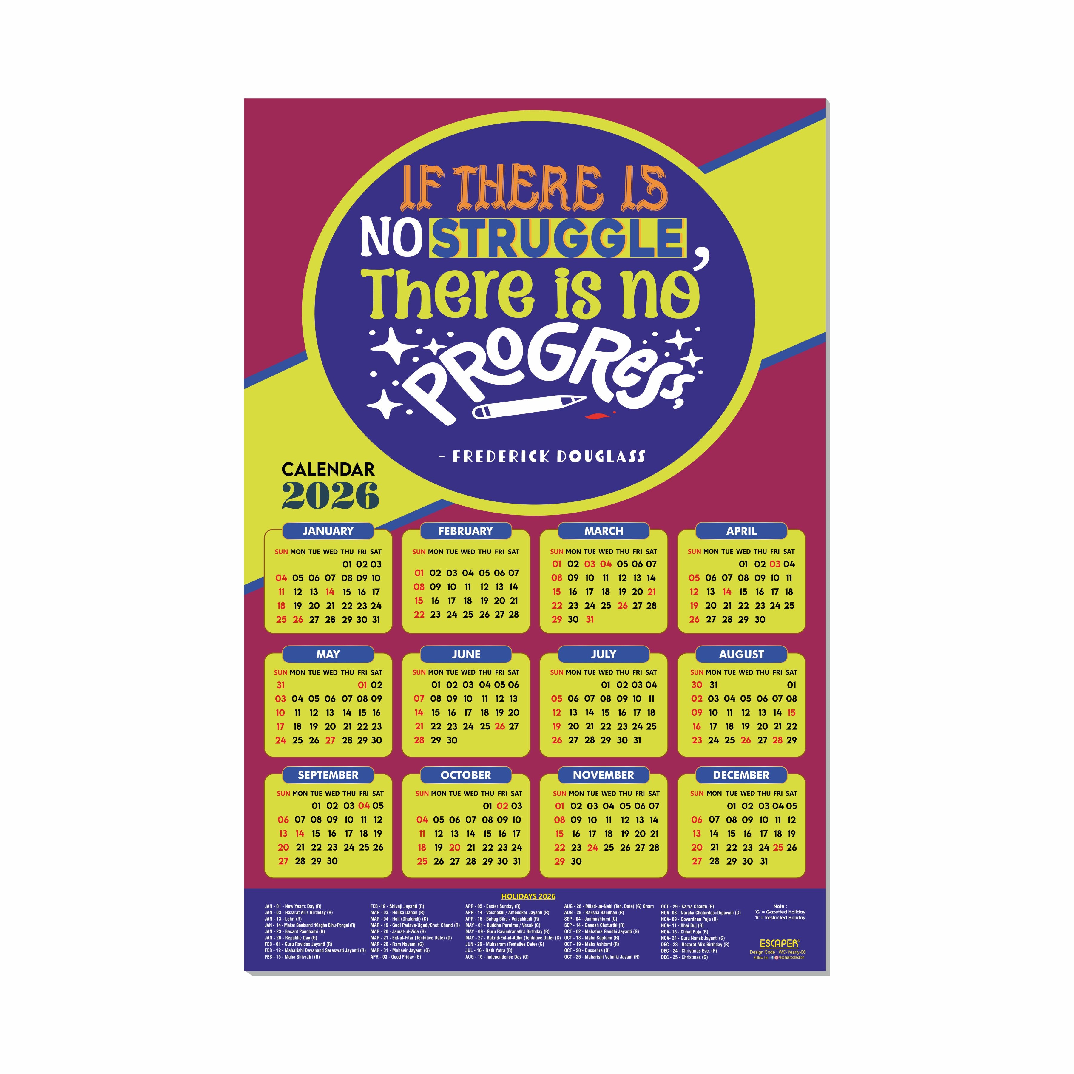 Motivational New Year Wall Calendar 2026 (45x30 cm) Laminated, 300 GSM Paper, Self Adhesive Back, Inspirational Quotes Wall Art For Home & Office Decor, Study Room