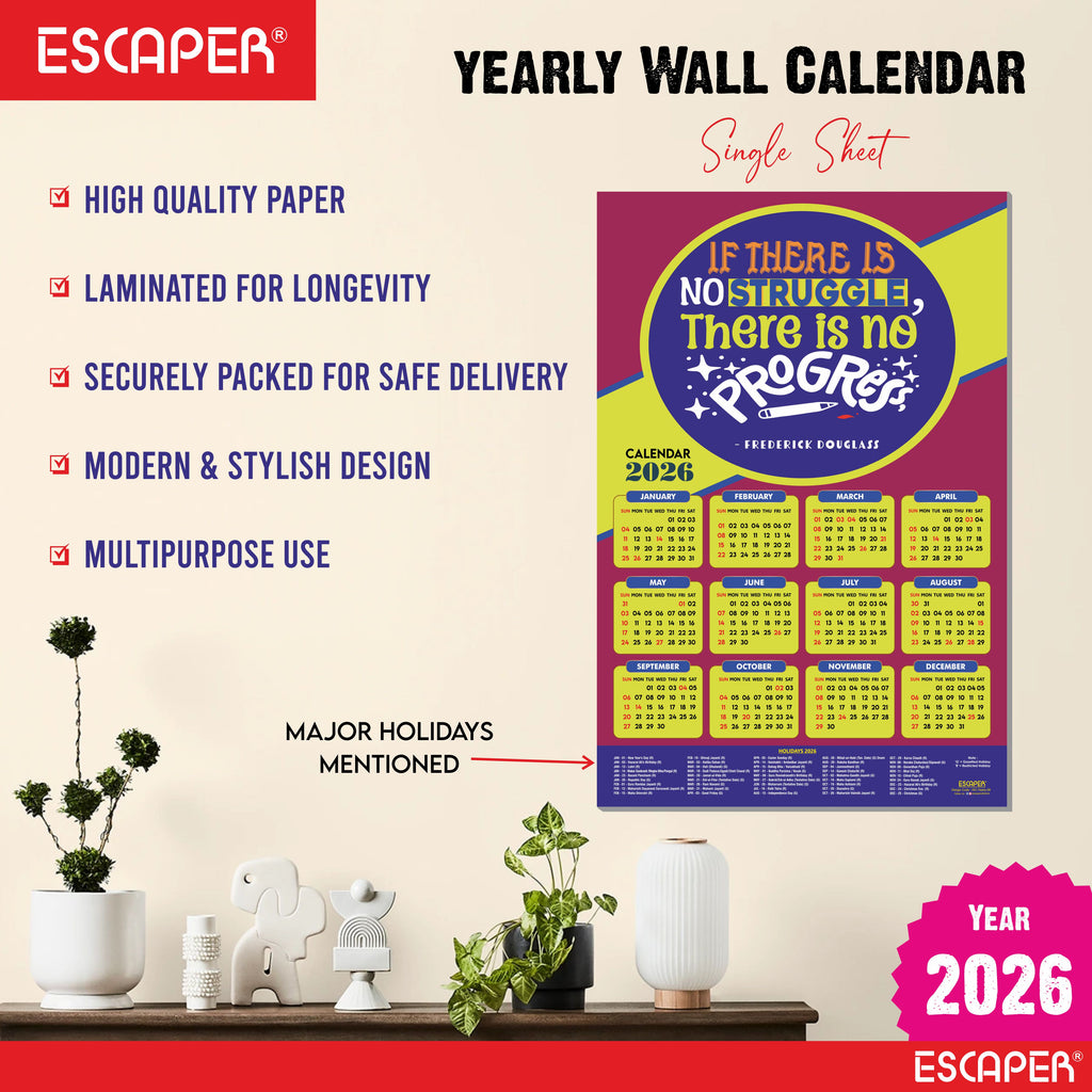Motivational New Year Wall Calendar 2026 (45x30 cm) Laminated, 300 GSM Paper, Self Adhesive Back, Inspirational Quotes Wall Art For Home & Office Decor, Study Room