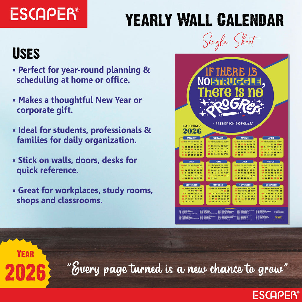 Motivational New Year Wall Calendar 2026 (45x30 cm) Laminated, 300 GSM Paper, Self Adhesive Back, Inspirational Quotes Wall Art For Home & Office Decor, Study Room