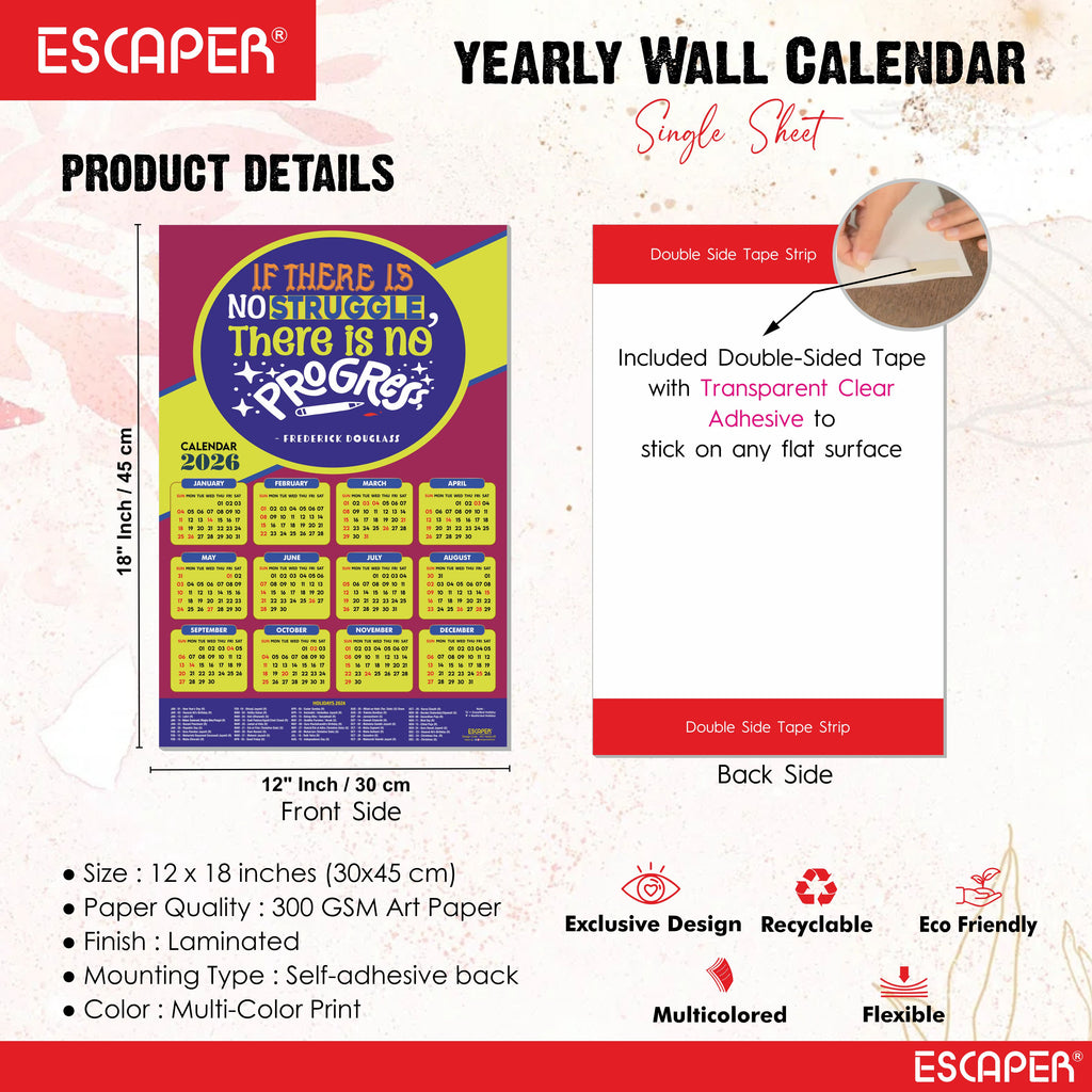 Motivational New Year Wall Calendar 2026 (45x30 cm) Laminated, 300 GSM Paper, Self Adhesive Back, Inspirational Quotes Wall Art For Home & Office Decor, Study Room