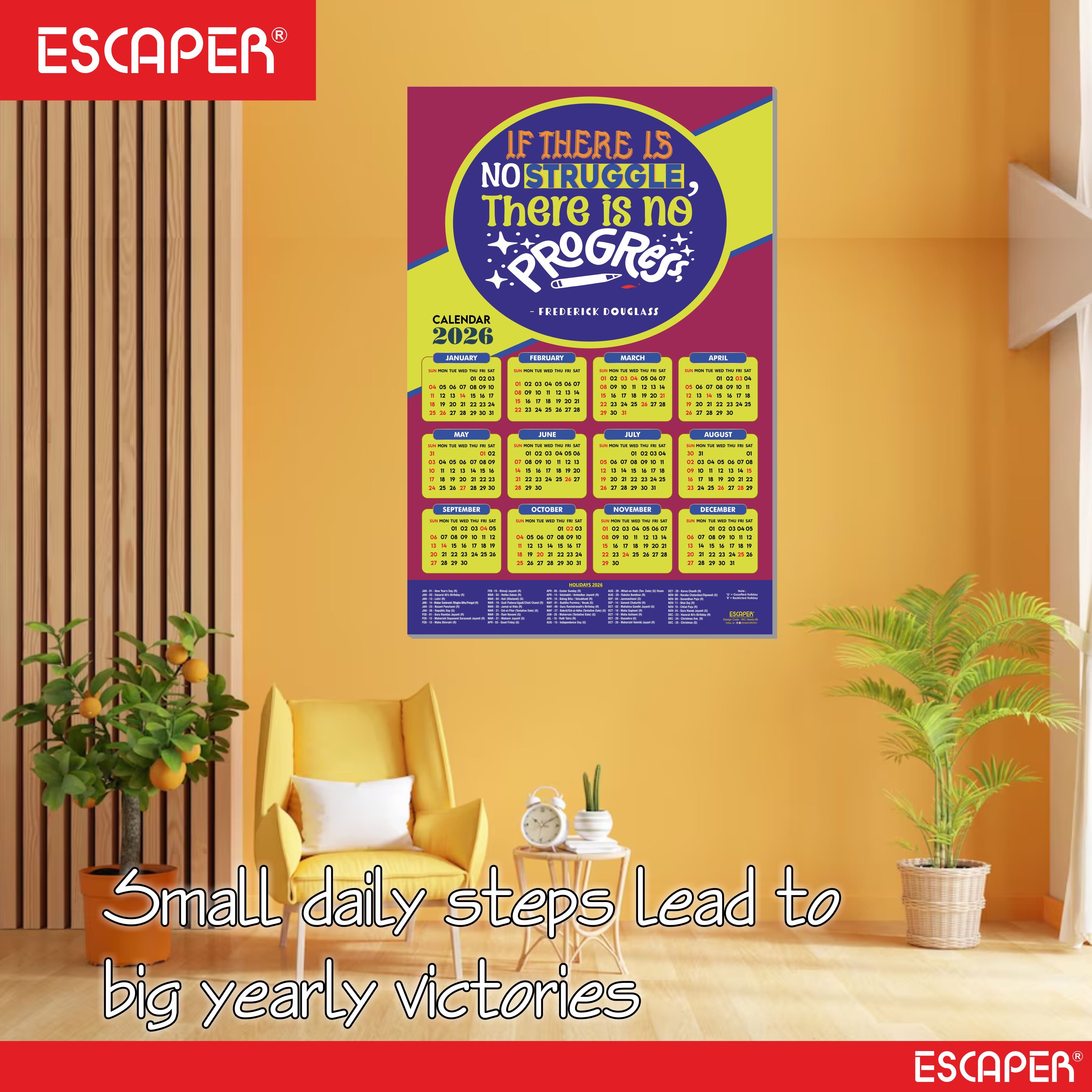 Motivational New Year Wall Calendar 2026 (45x30 cm) Laminated, 300 GSM Paper, Self Adhesive Back, Inspirational Quotes Wall Art For Home & Office Decor, Study Room