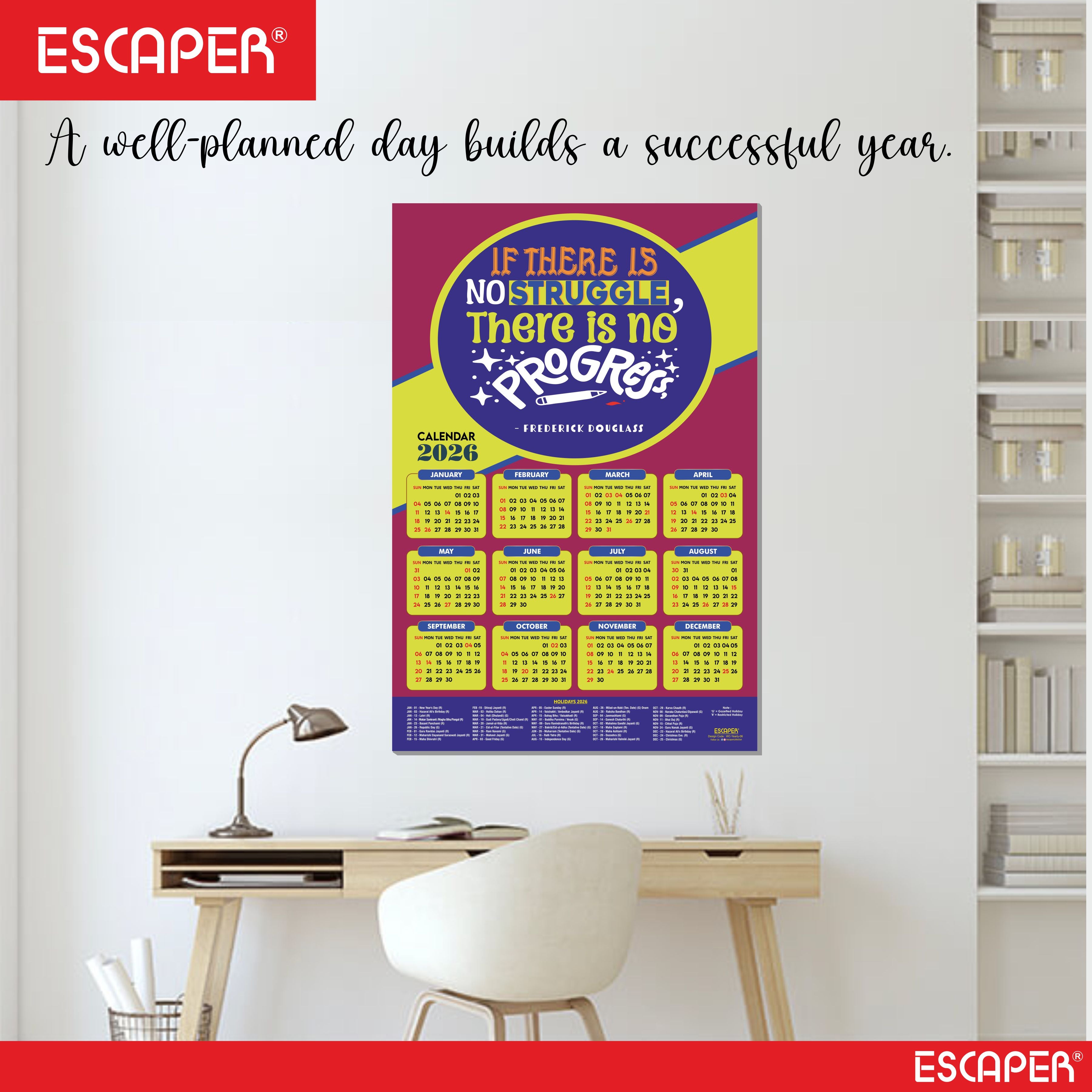 Motivational New Year Wall Calendar 2026 (45x30 cm) Laminated, 300 GSM Paper, Self Adhesive Back, Inspirational Quotes Wall Art For Home & Office Decor, Study Room