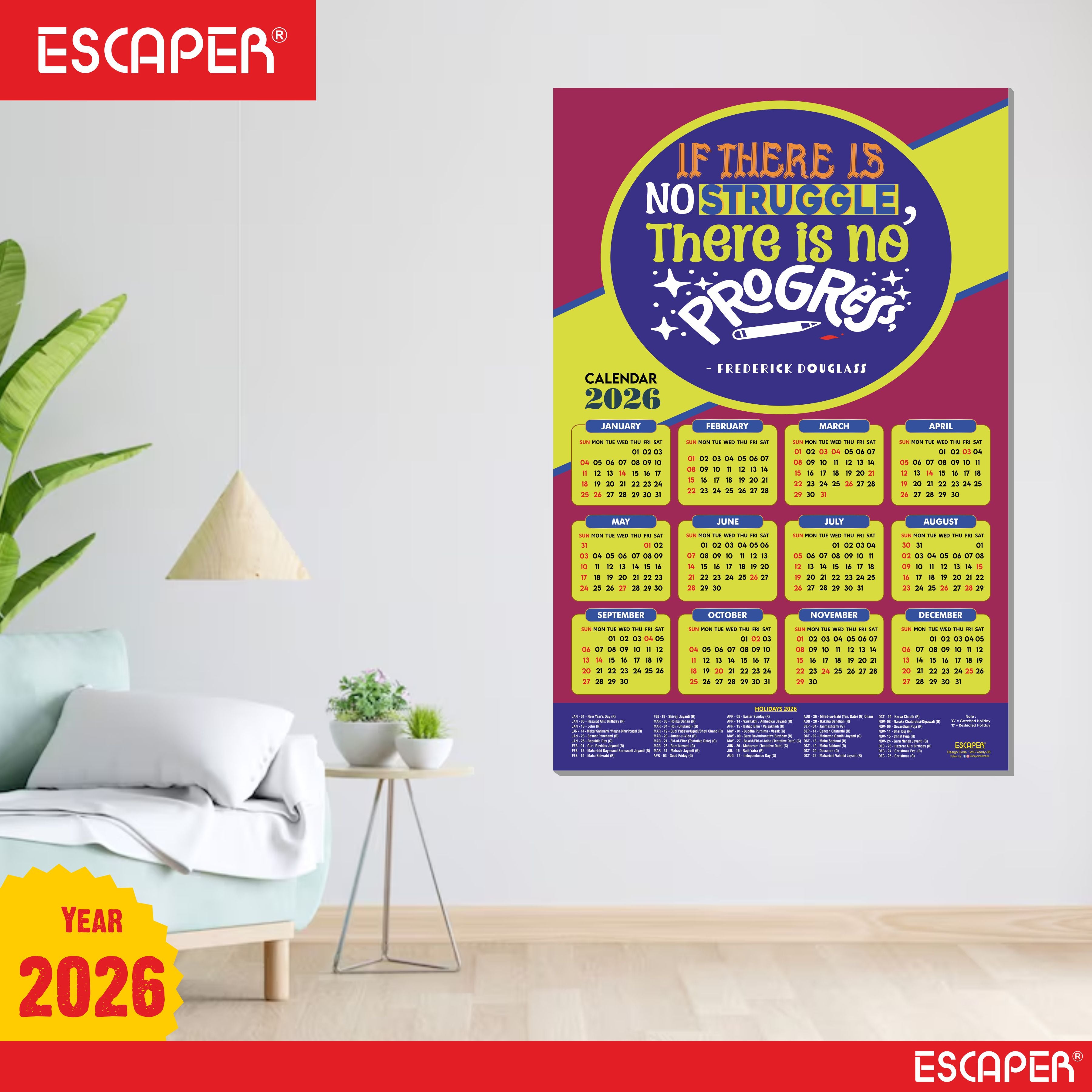 Motivational New Year Wall Calendar 2026 (45x30 cm) Laminated, 300 GSM Paper, Self Adhesive Back, Inspirational Quotes Wall Art For Home & Office Decor, Study Room