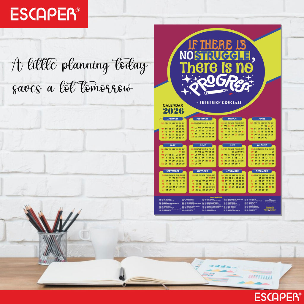 Motivational New Year Wall Calendar 2026 (45x30 cm) Laminated, 300 GSM Paper, Self Adhesive Back, Inspirational Quotes Wall Art For Home & Office Decor, Study Room