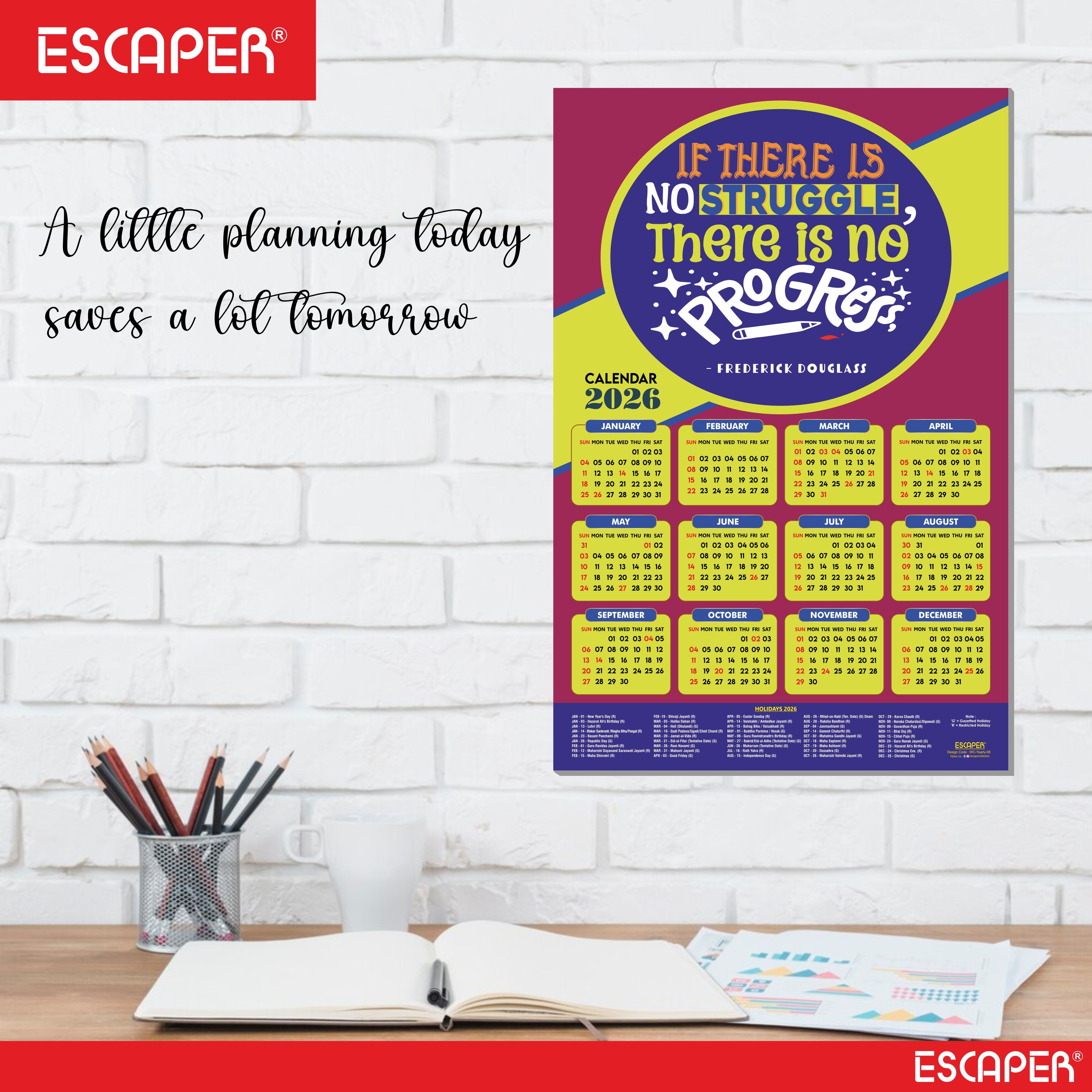 Motivational New Year Wall Calendar 2026 (45x30 cm) Laminated, 300 GSM Paper, Self Adhesive Back, Inspirational Quotes Wall Art For Home & Office Decor, Study Room