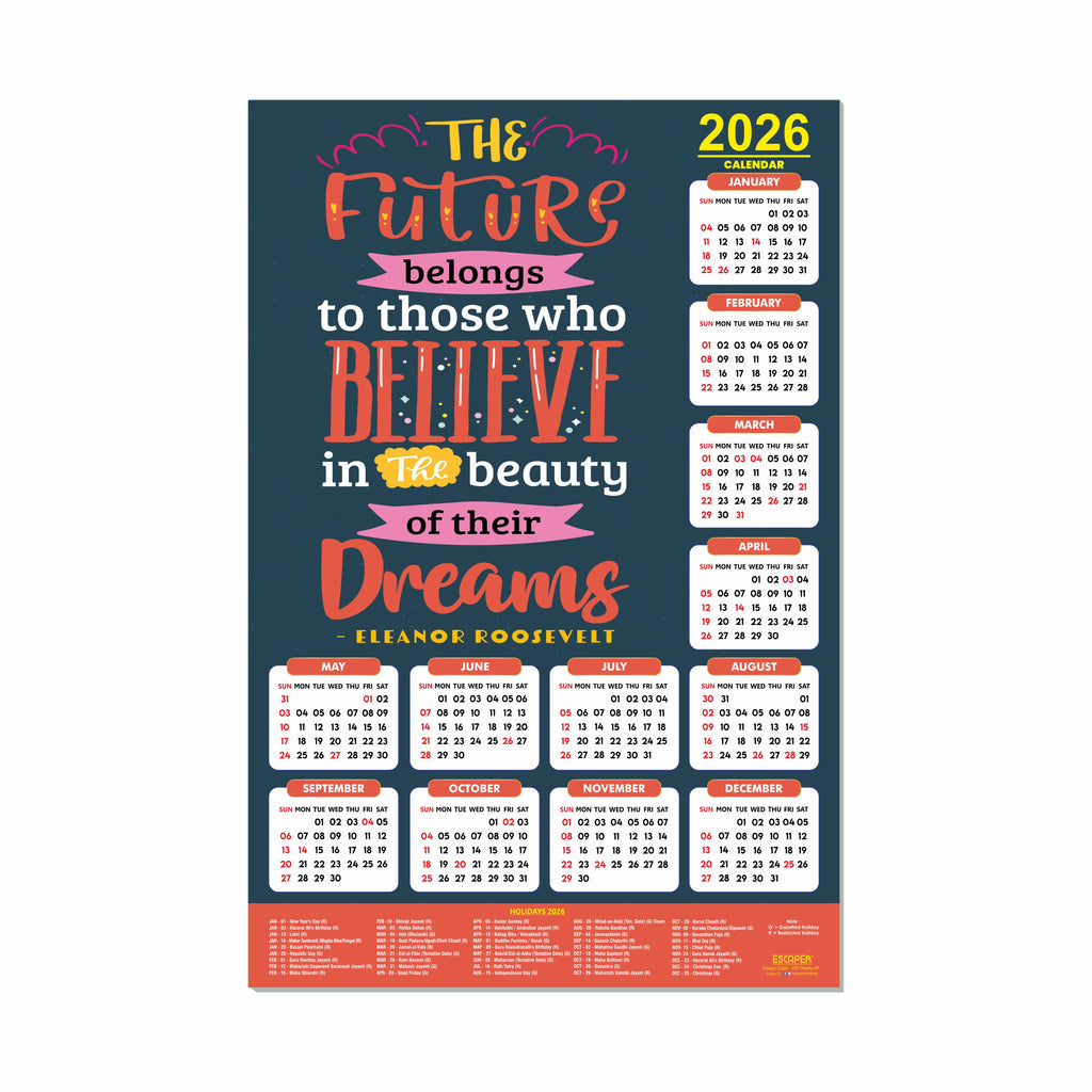 Motivational New Year Wall Calendar 2026 (45x30 cm) Laminated, 300 GSM Paper, Self Adhesive Back, Inspirational Quotes Wall Art For Home & Office Decor, Study Room
