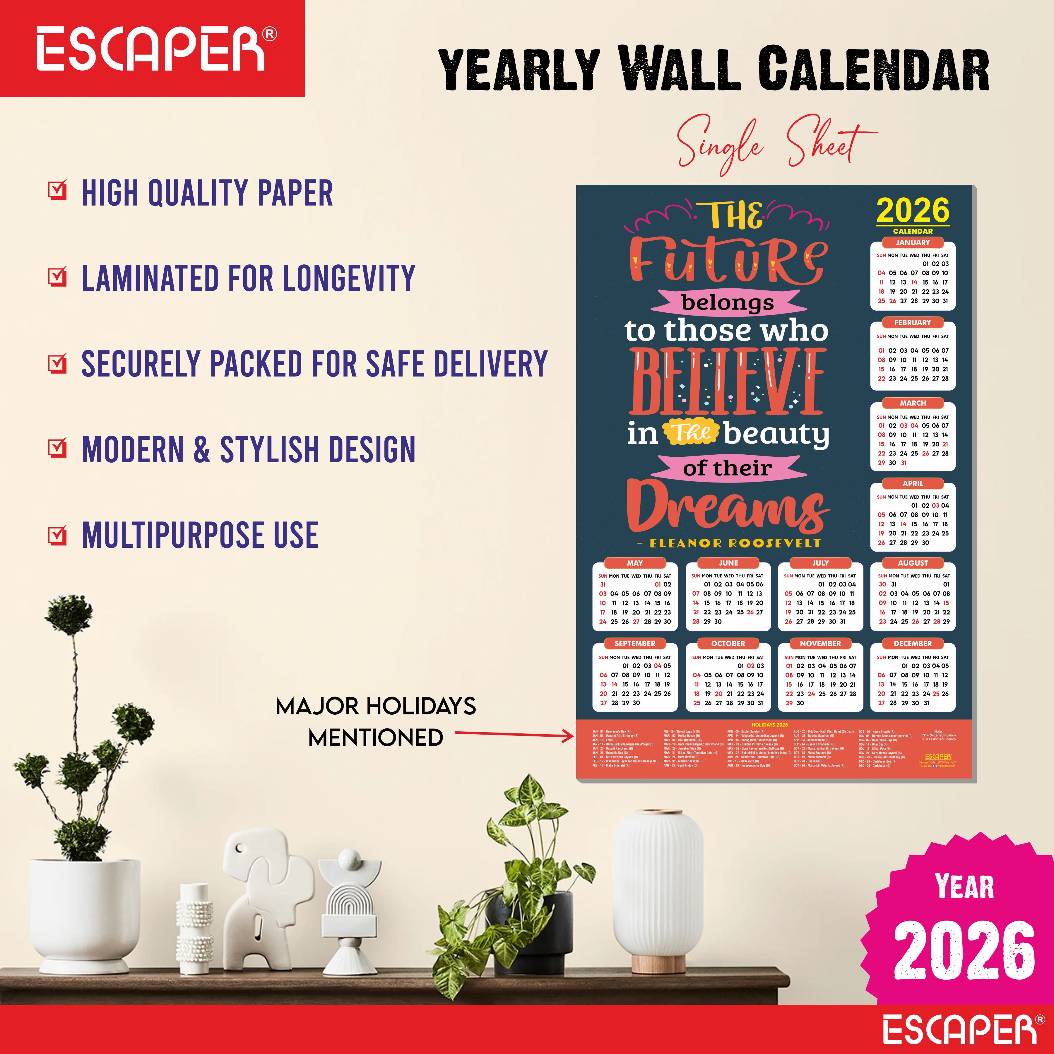 Motivational New Year Wall Calendar 2026 (45x30 cm) Laminated, 300 GSM Paper, Self Adhesive Back, Inspirational Quotes Wall Art For Home & Office Decor, Study Room