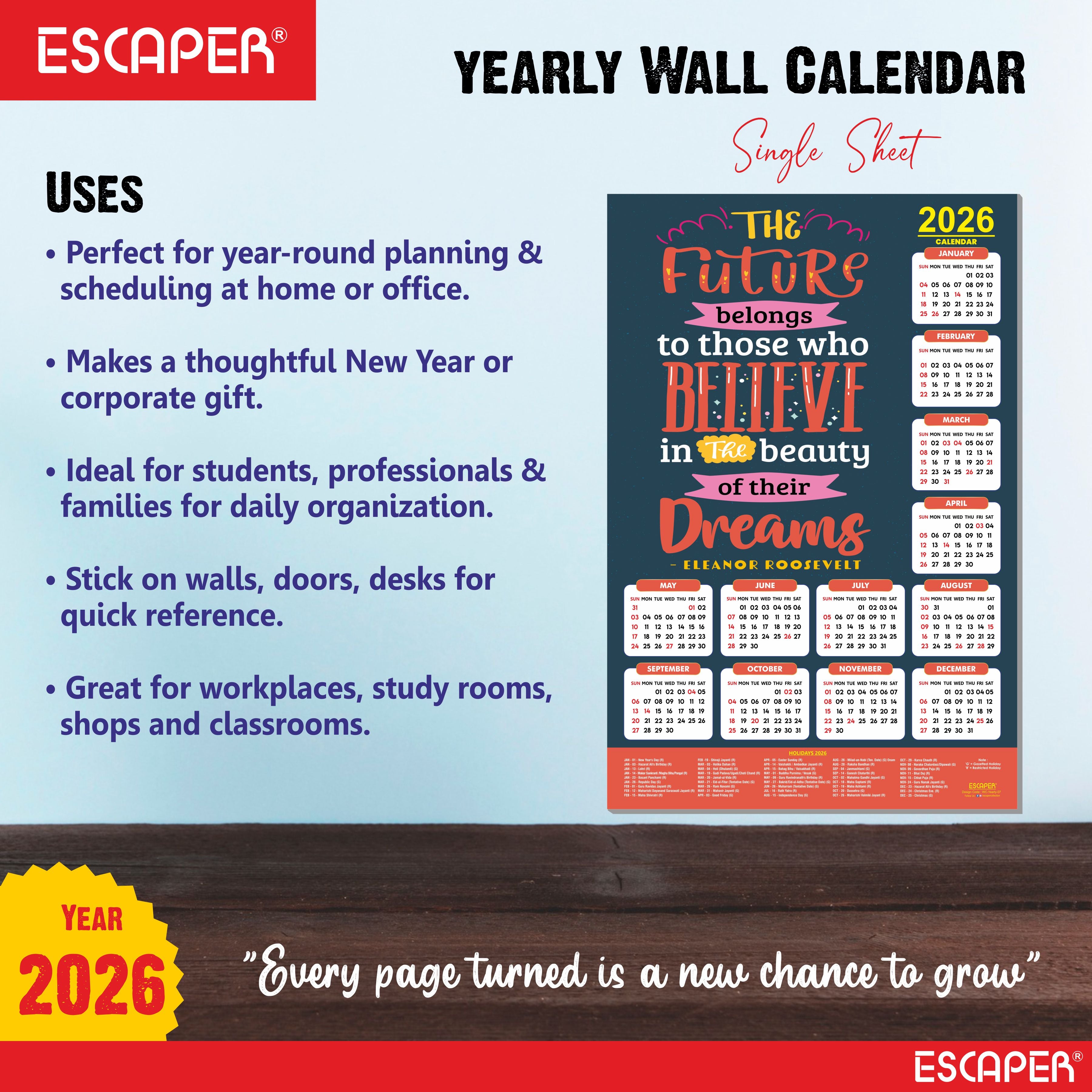 Motivational New Year Wall Calendar 2026 (45x30 cm) Laminated, 300 GSM Paper, Self Adhesive Back, Inspirational Quotes Wall Art For Home & Office Decor, Study Room