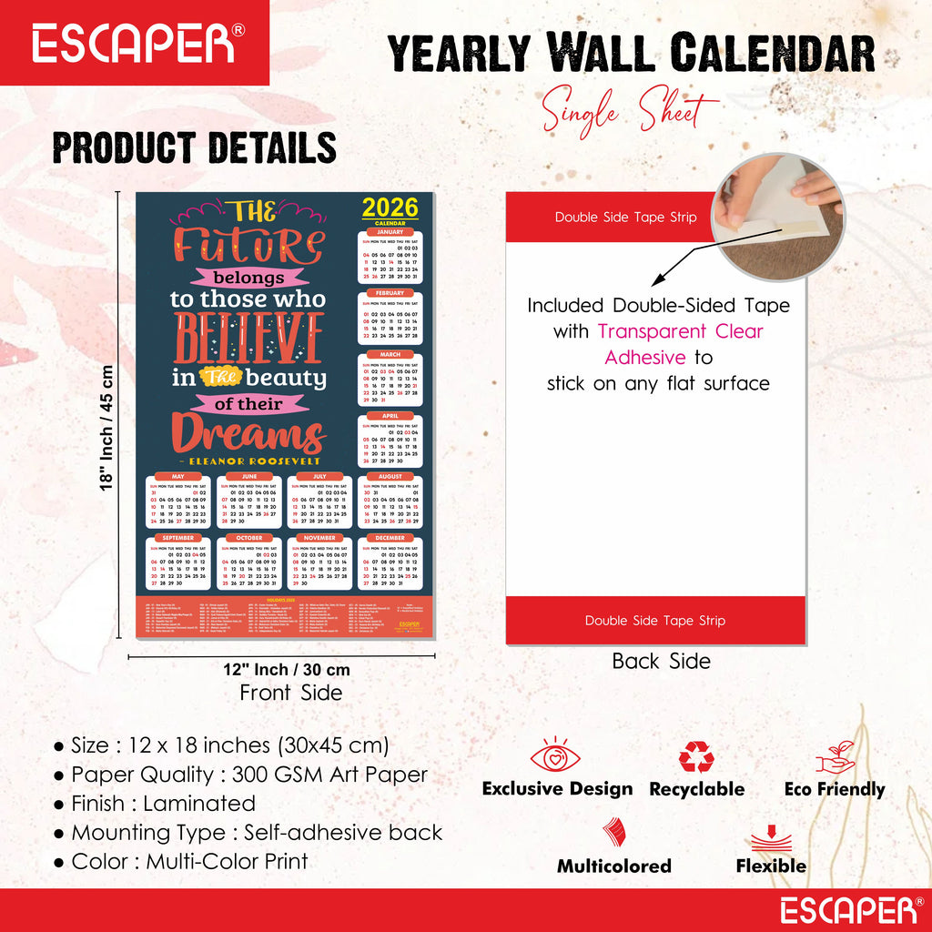 Motivational New Year Wall Calendar 2026 (45x30 cm) Laminated, 300 GSM Paper, Self Adhesive Back, Inspirational Quotes Wall Art For Home & Office Decor, Study Room