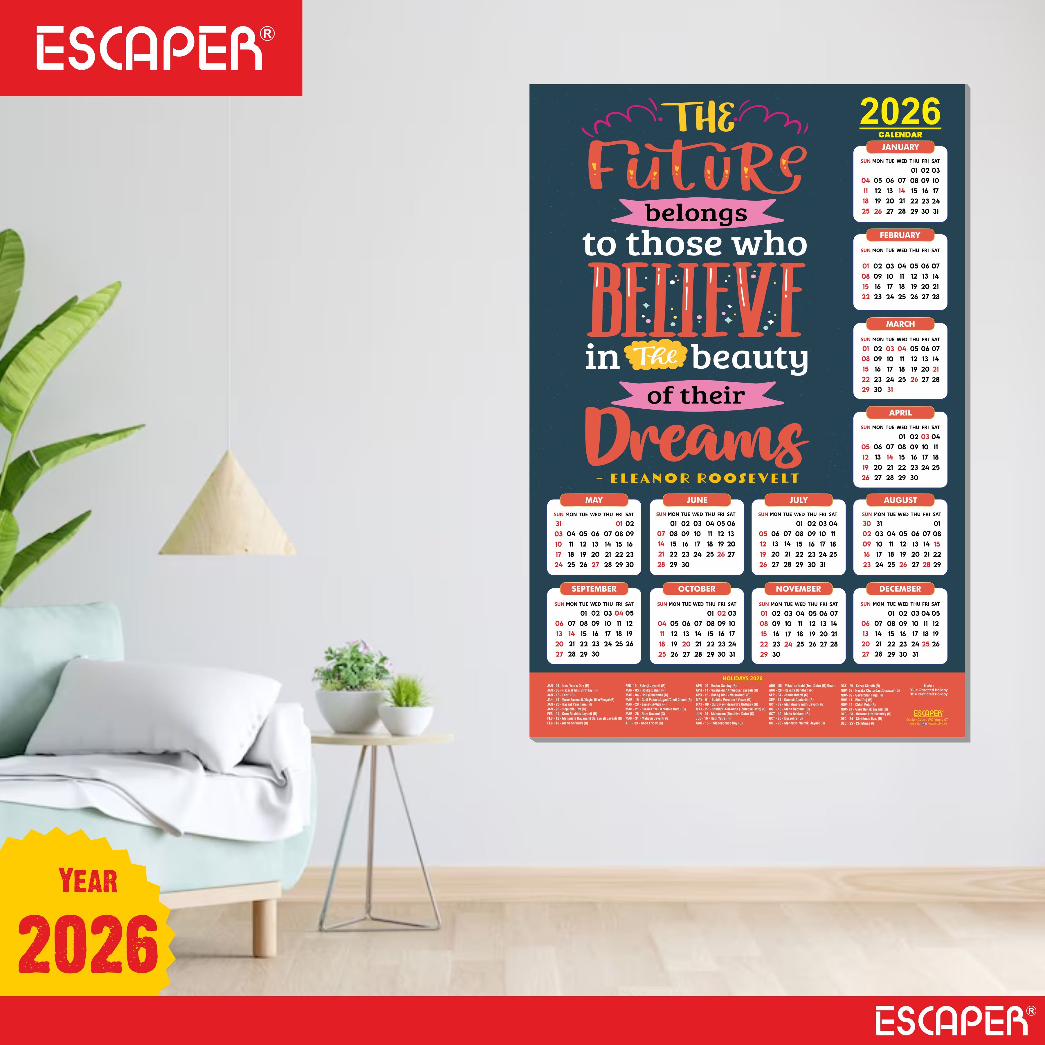 Motivational New Year Wall Calendar 2026 (45x30 cm) Laminated, 300 GSM Paper, Self Adhesive Back, Inspirational Quotes Wall Art For Home & Office Decor, Study Room