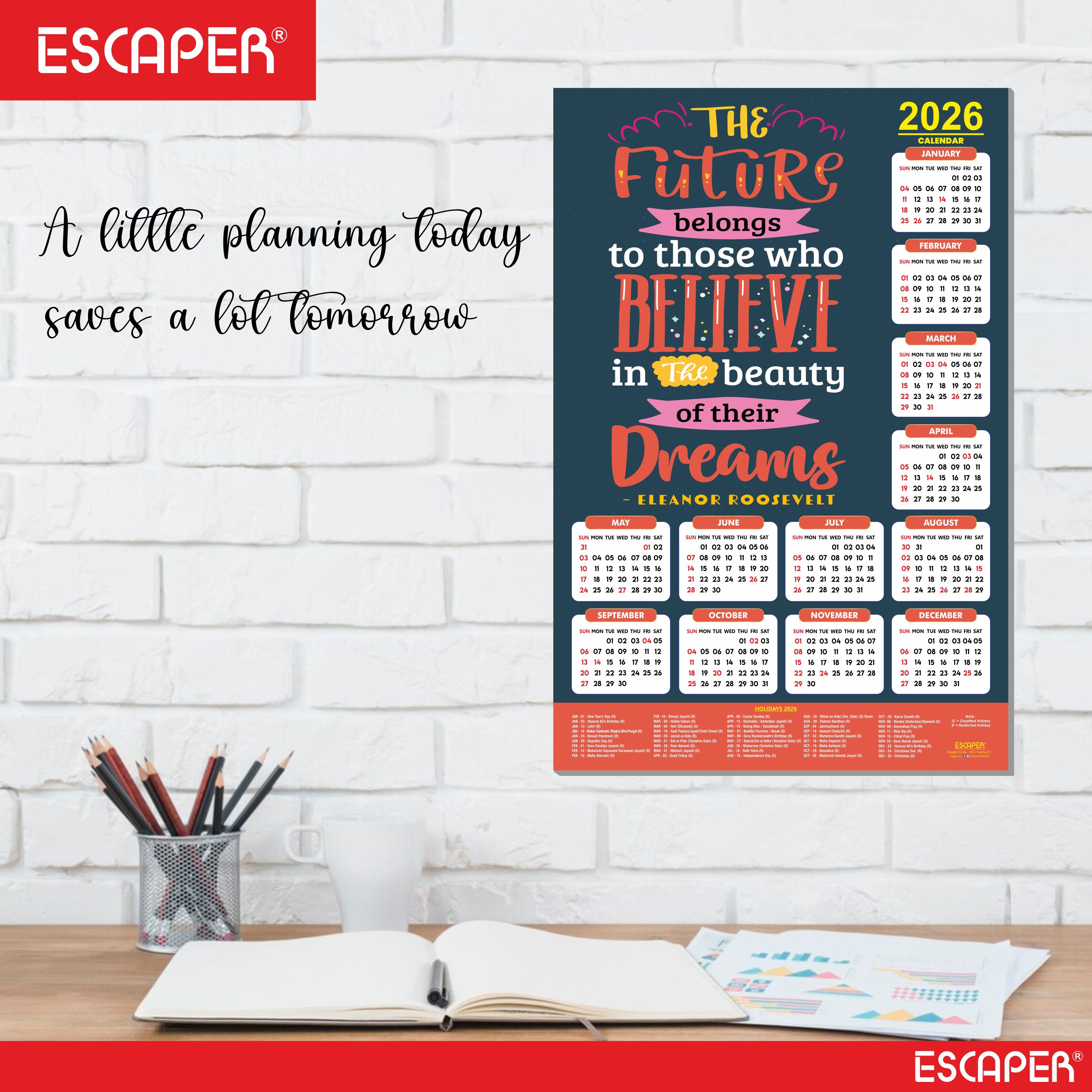 Motivational New Year Wall Calendar 2026 (45x30 cm) Laminated, 300 GSM Paper, Self Adhesive Back, Inspirational Quotes Wall Art For Home & Office Decor, Study Room