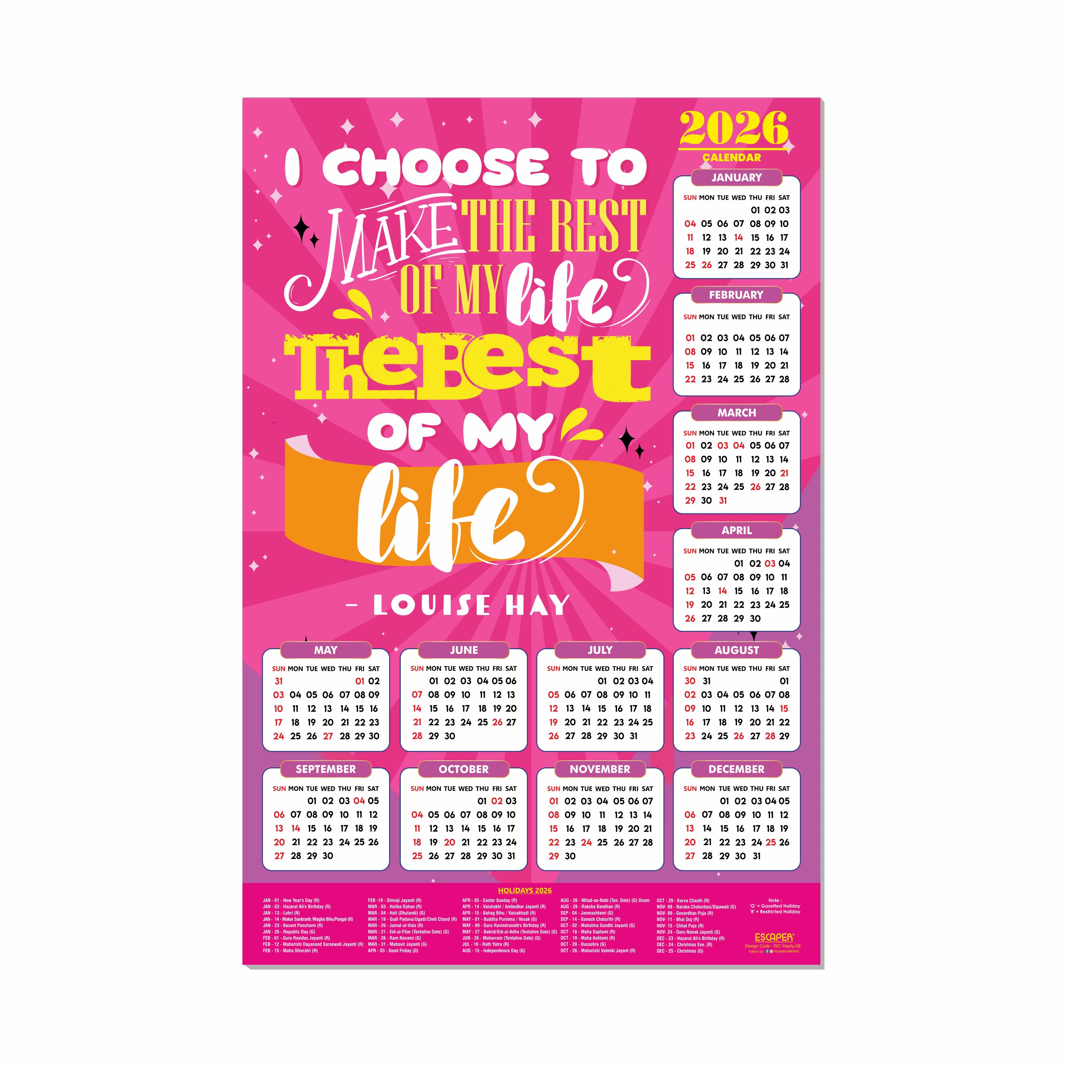 Motivational New Year Wall Calendar 2026 (45x30 cm) Laminated, 300 GSM Paper, Self Adhesive Back, Inspirational Quotes Wall Art For Home & Office Decor, Study Room