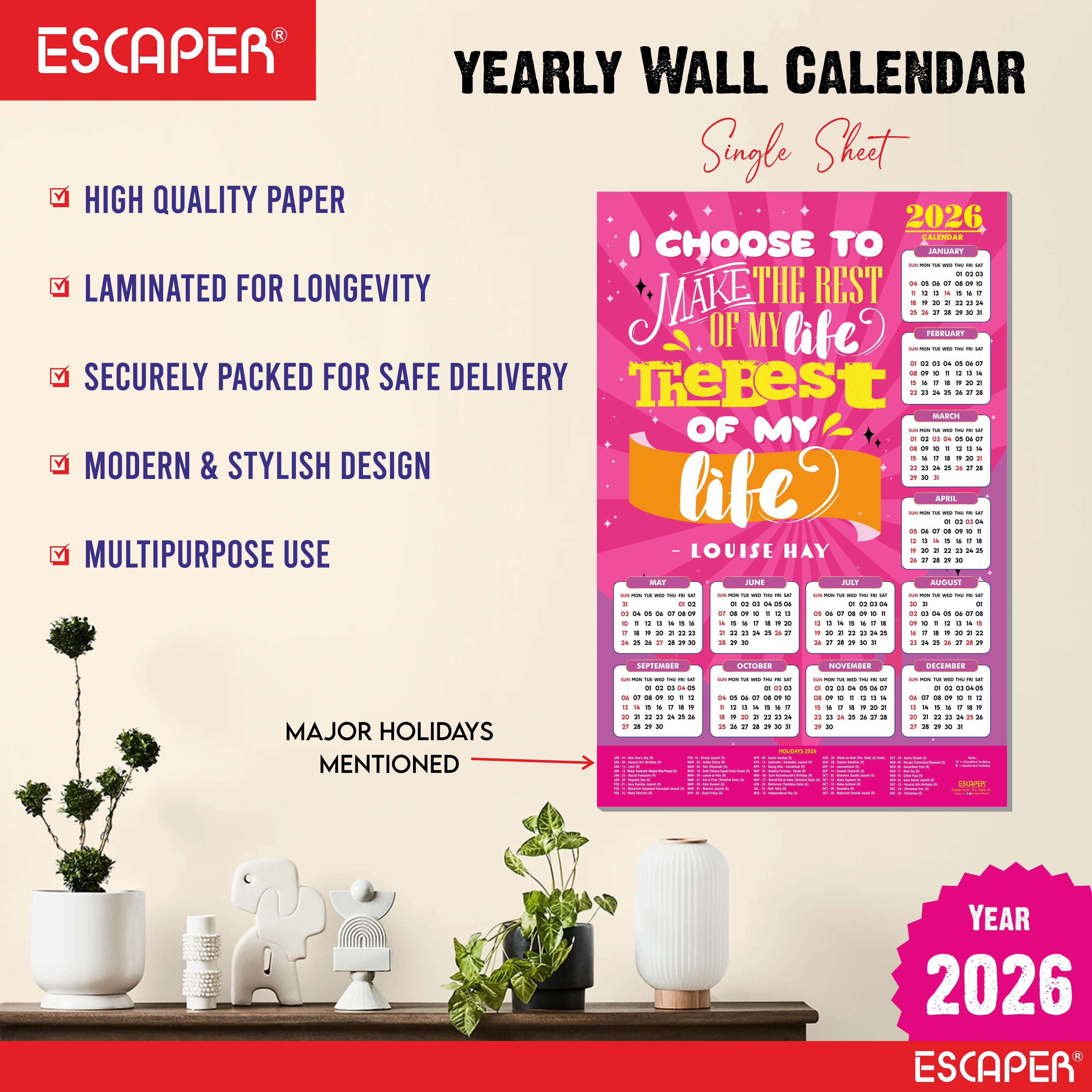 Motivational New Year Wall Calendar 2026 (45x30 cm) Laminated, 300 GSM Paper, Self Adhesive Back, Inspirational Quotes Wall Art For Home & Office Decor, Study Room