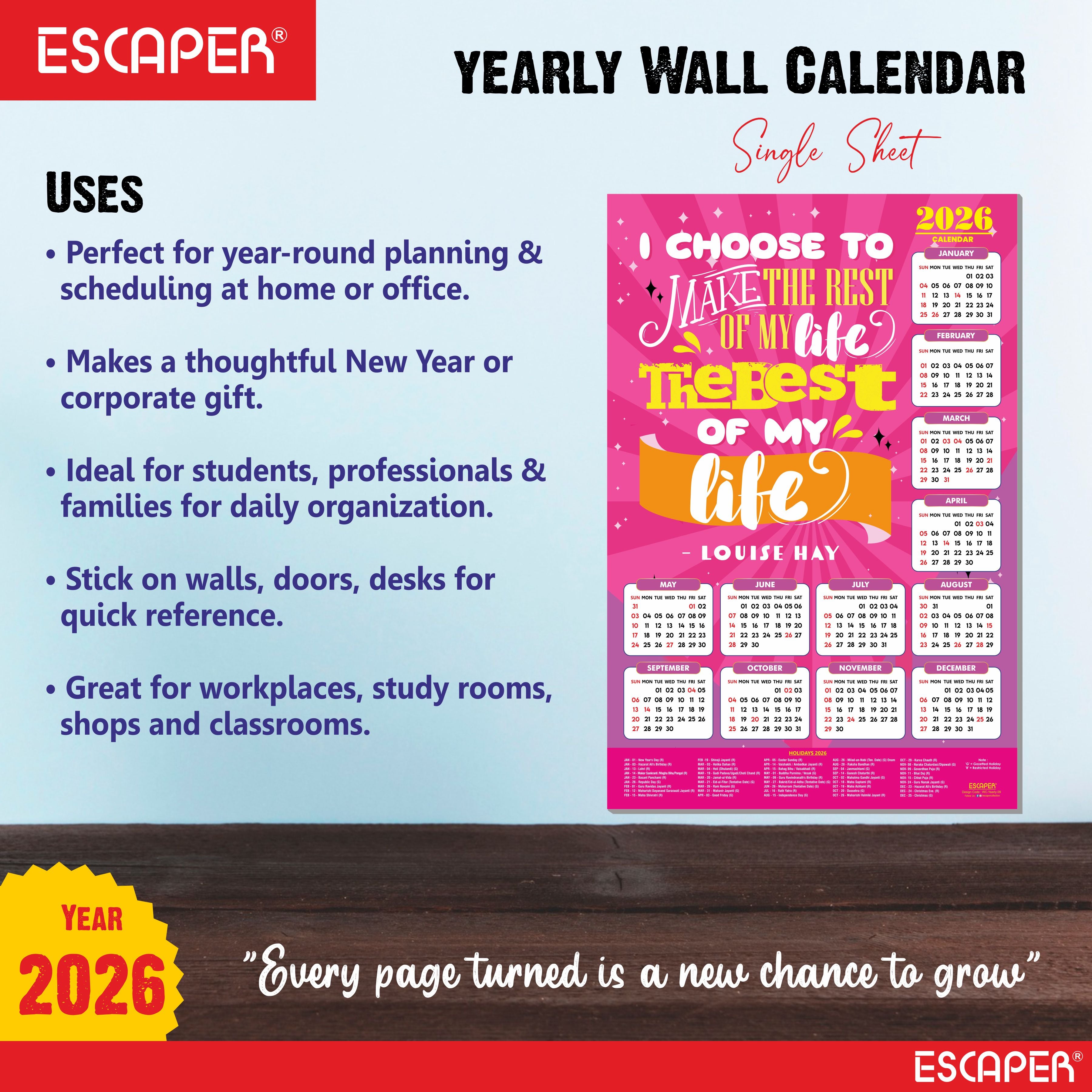 Motivational New Year Wall Calendar 2026 (45x30 cm) Laminated, 300 GSM Paper, Self Adhesive Back, Inspirational Quotes Wall Art For Home & Office Decor, Study Room