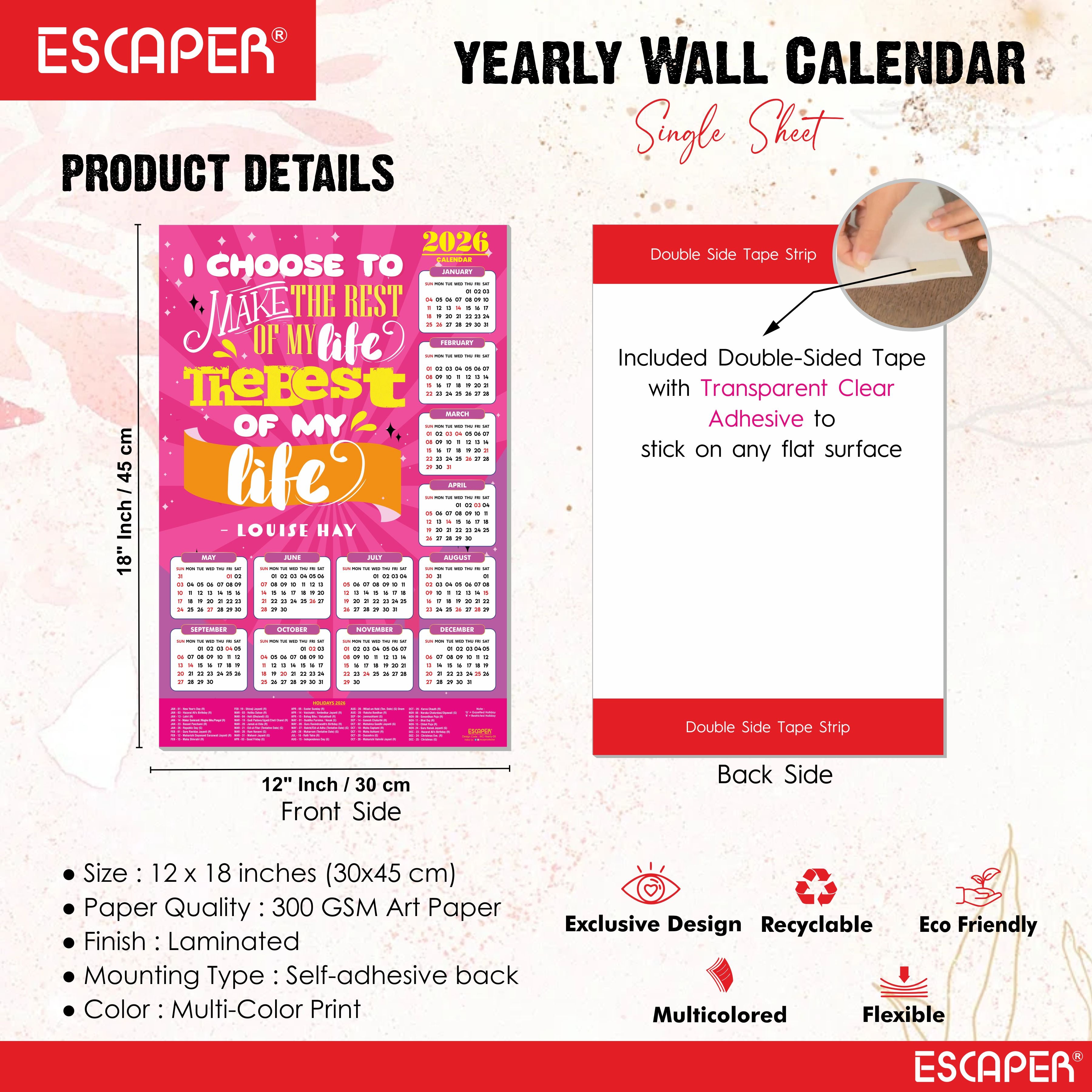 Motivational New Year Wall Calendar 2026 (45x30 cm) Laminated, 300 GSM Paper, Self Adhesive Back, Inspirational Quotes Wall Art For Home & Office Decor, Study Room