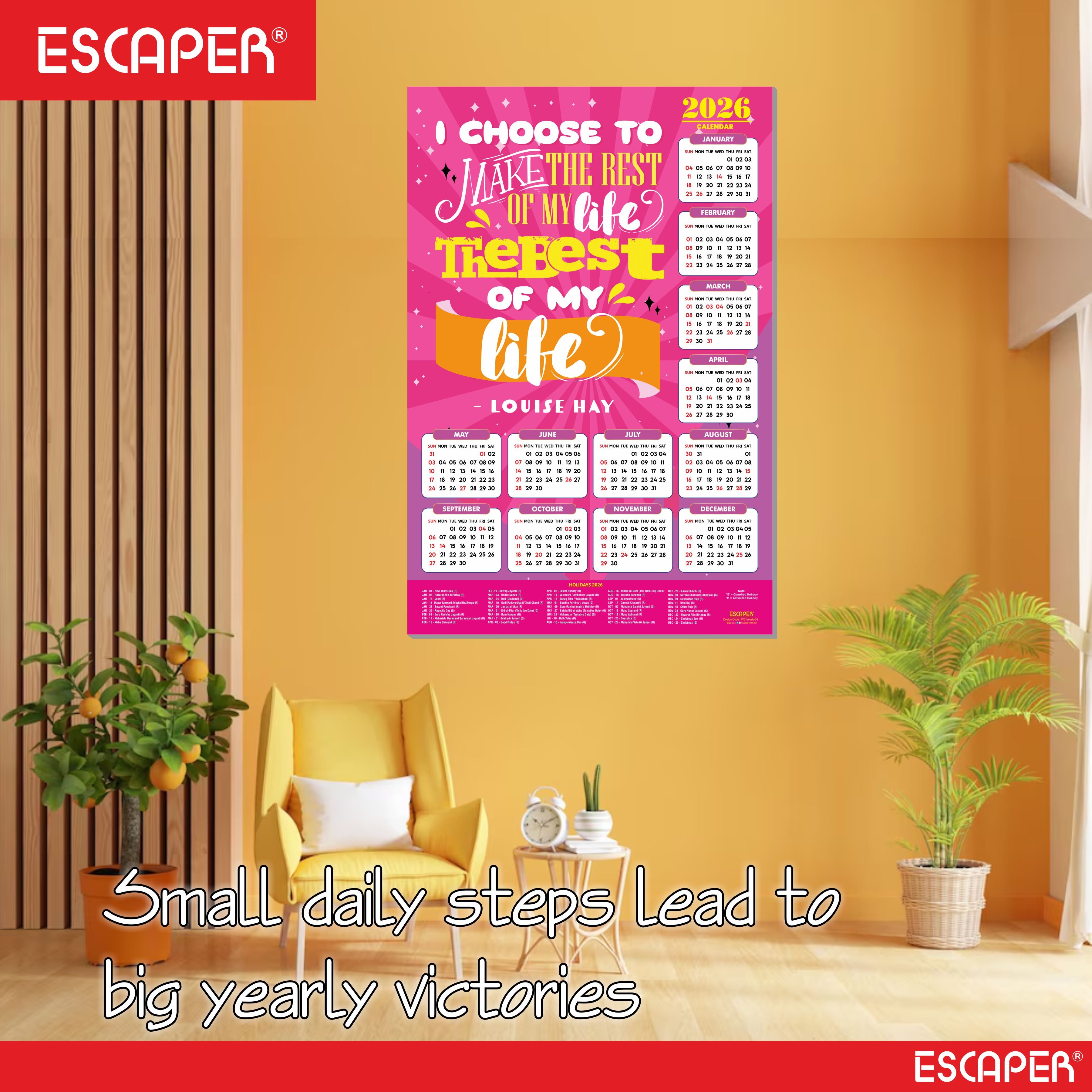 Motivational New Year Wall Calendar 2026 (45x30 cm) Laminated, 300 GSM Paper, Self Adhesive Back, Inspirational Quotes Wall Art For Home & Office Decor, Study Room