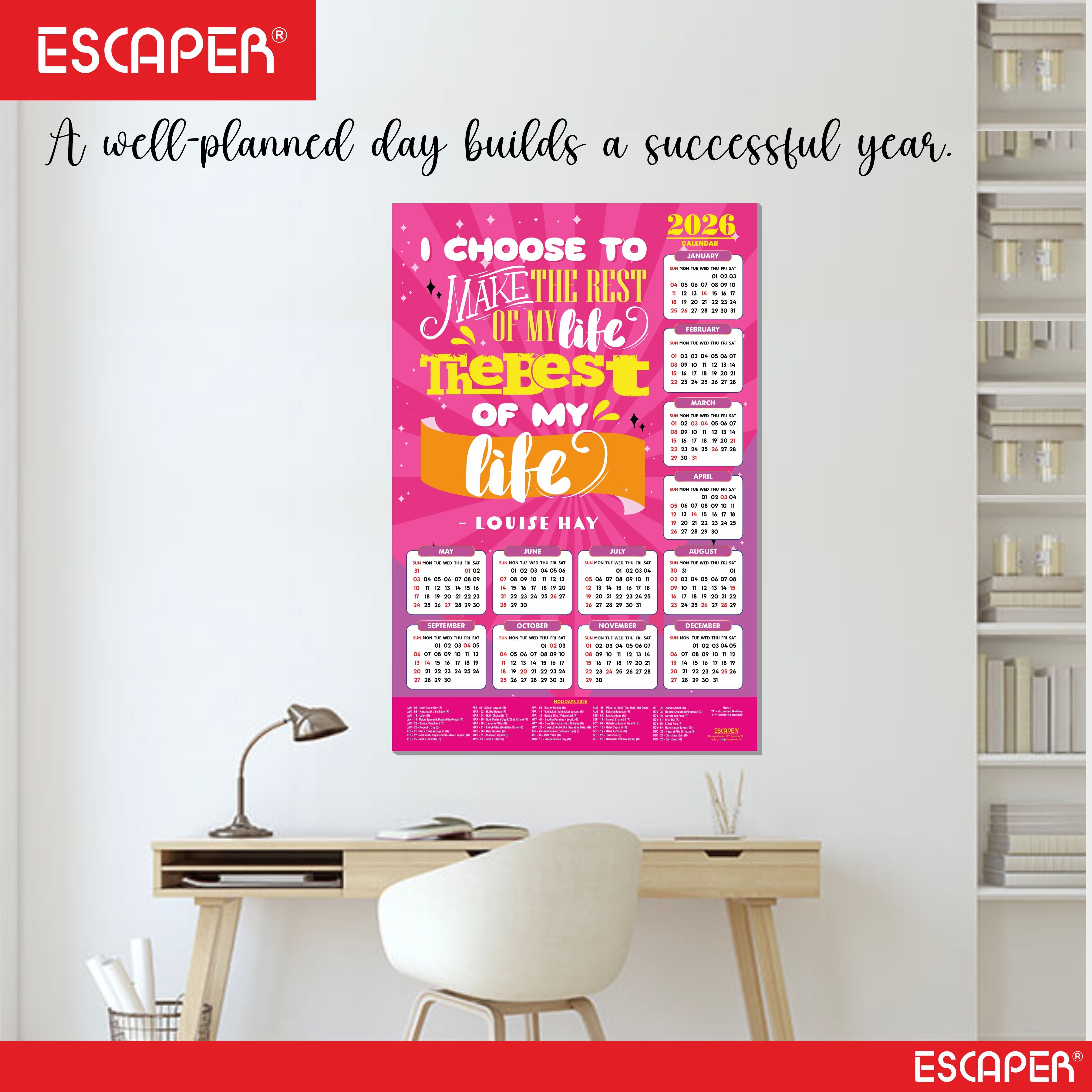 Motivational New Year Wall Calendar 2026 (45x30 cm) Laminated, 300 GSM Paper, Self Adhesive Back, Inspirational Quotes Wall Art For Home & Office Decor, Study Room