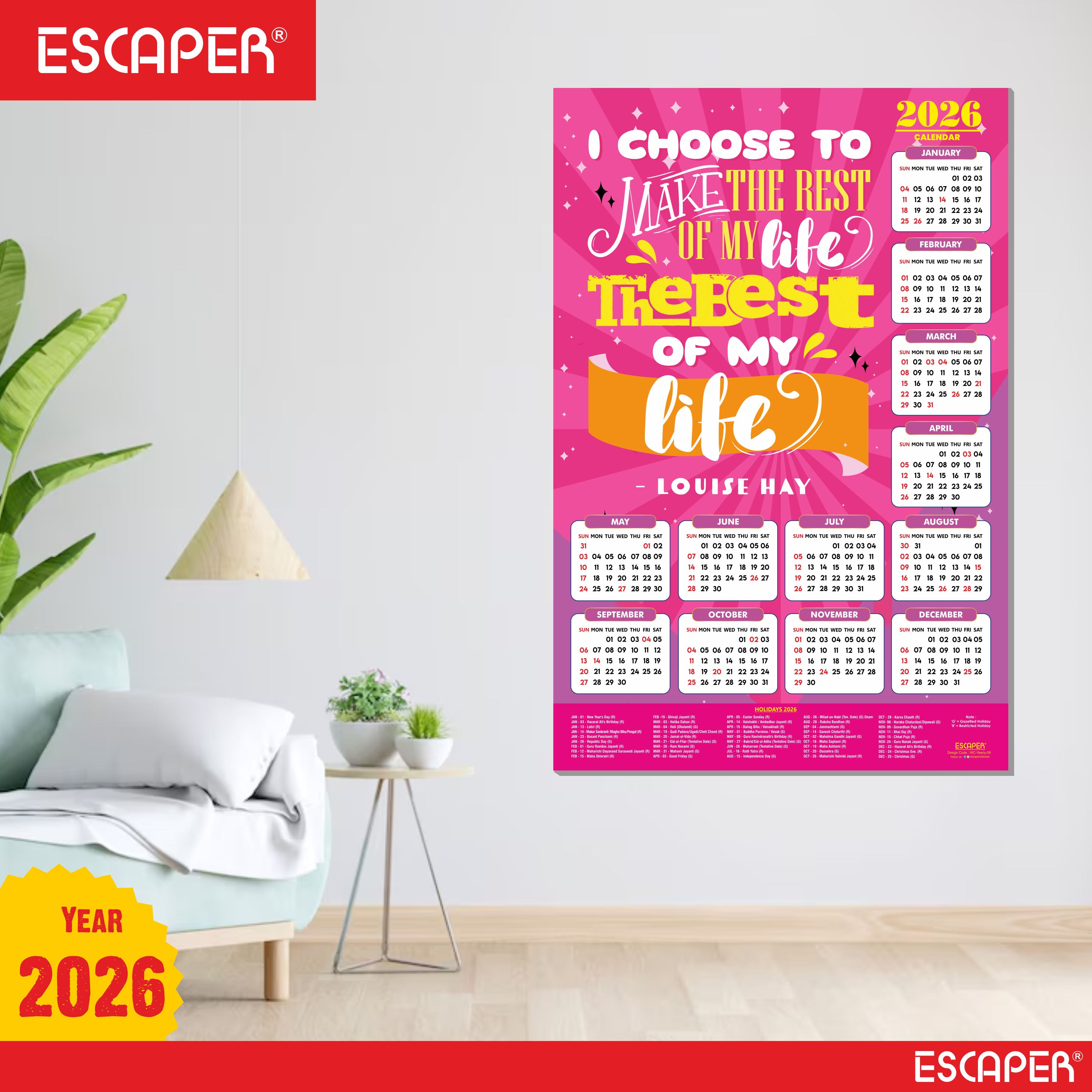 Motivational New Year Wall Calendar 2026 (45x30 cm) Laminated, 300 GSM Paper, Self Adhesive Back, Inspirational Quotes Wall Art For Home & Office Decor, Study Room