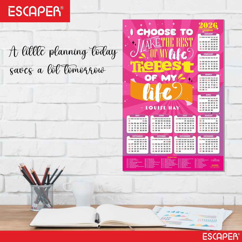 Motivational New Year Wall Calendar 2026 (45x30 cm) Laminated, 300 GSM Paper, Self Adhesive Back, Inspirational Quotes Wall Art For Home & Office Decor, Study Room