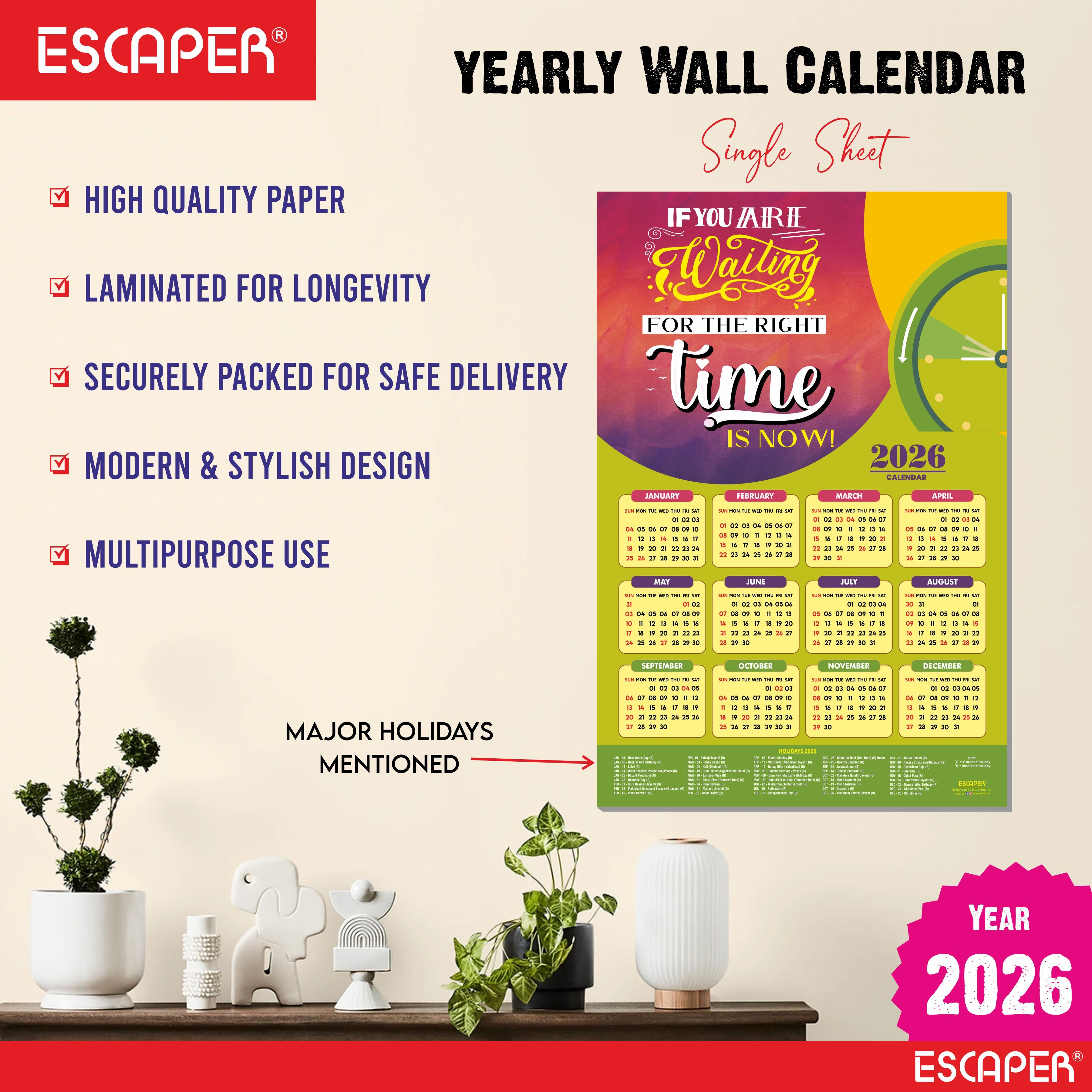 Motivational New Year Wall Calendar 2026 (45x30 cm) Laminated, 300 GSM Paper, Self Adhesive Back, Inspirational Quotes Wall Art For Home & Office Decor, Study Room