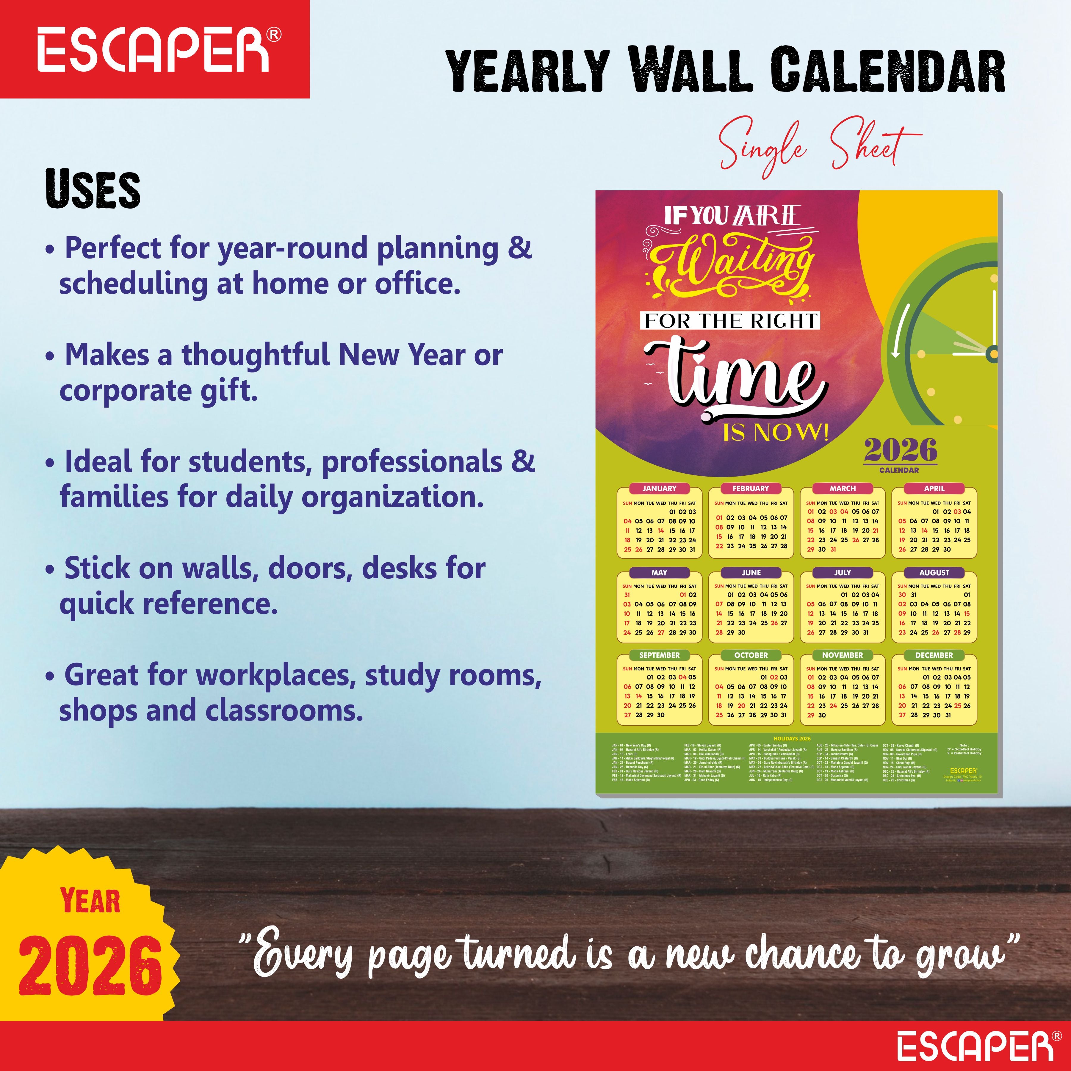 Motivational New Year Wall Calendar 2026 (45x30 cm) Laminated, 300 GSM Paper, Self Adhesive Back, Inspirational Quotes Wall Art For Home & Office Decor, Study Room