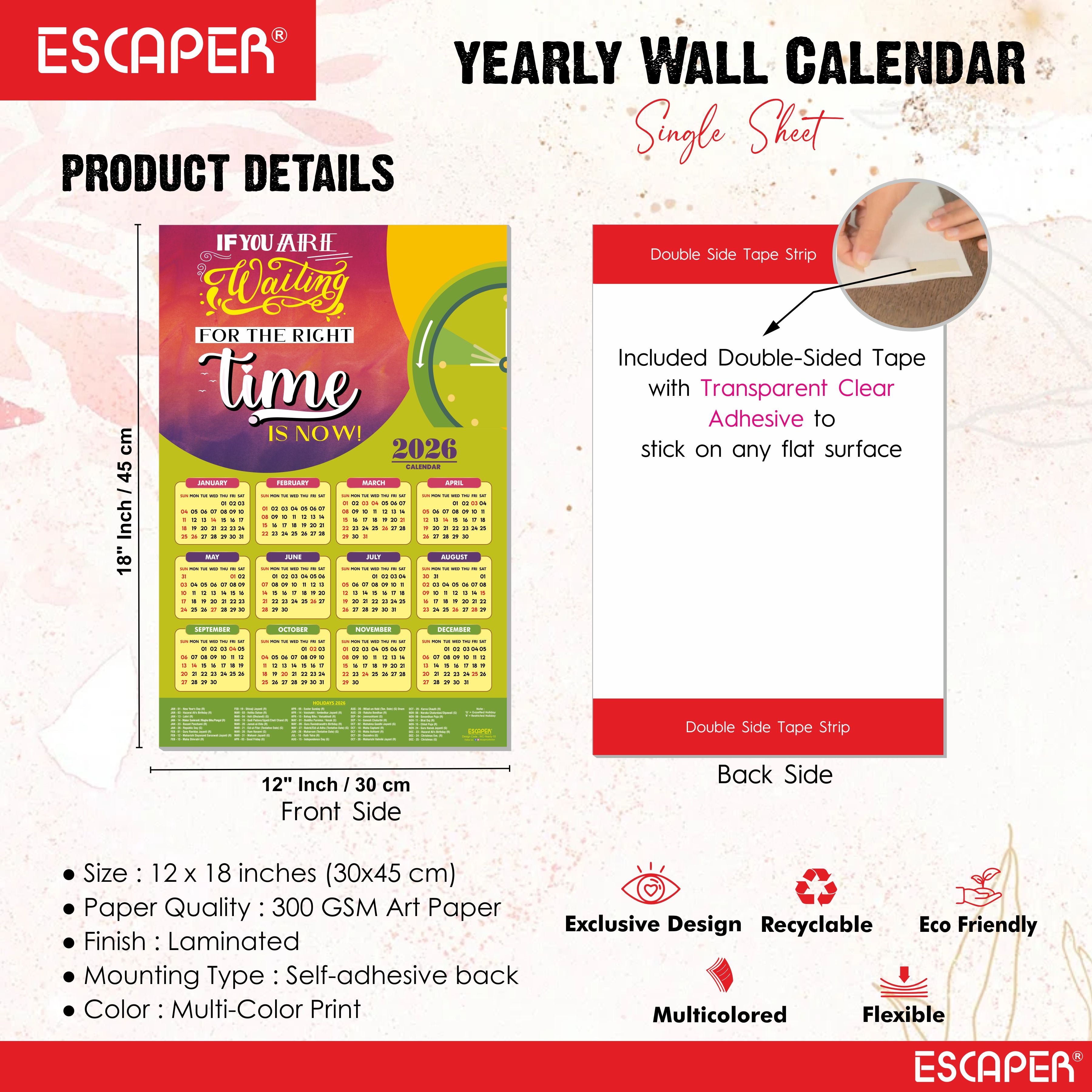 Motivational New Year Wall Calendar 2026 (45x30 cm) Laminated, 300 GSM Paper, Self Adhesive Back, Inspirational Quotes Wall Art For Home & Office Decor, Study Room