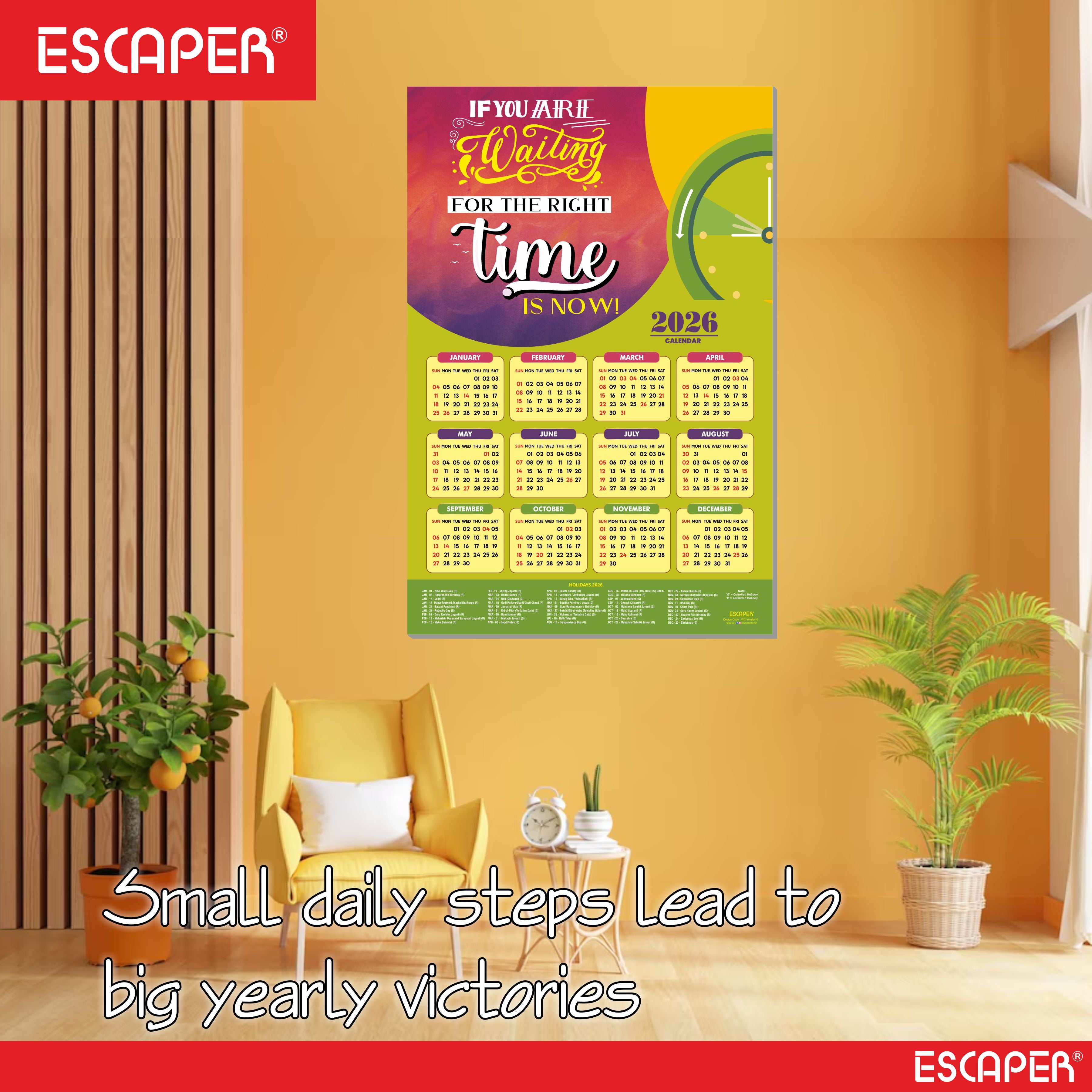 Motivational New Year Wall Calendar 2026 (45x30 cm) Laminated, 300 GSM Paper, Self Adhesive Back, Inspirational Quotes Wall Art For Home & Office Decor, Study Room