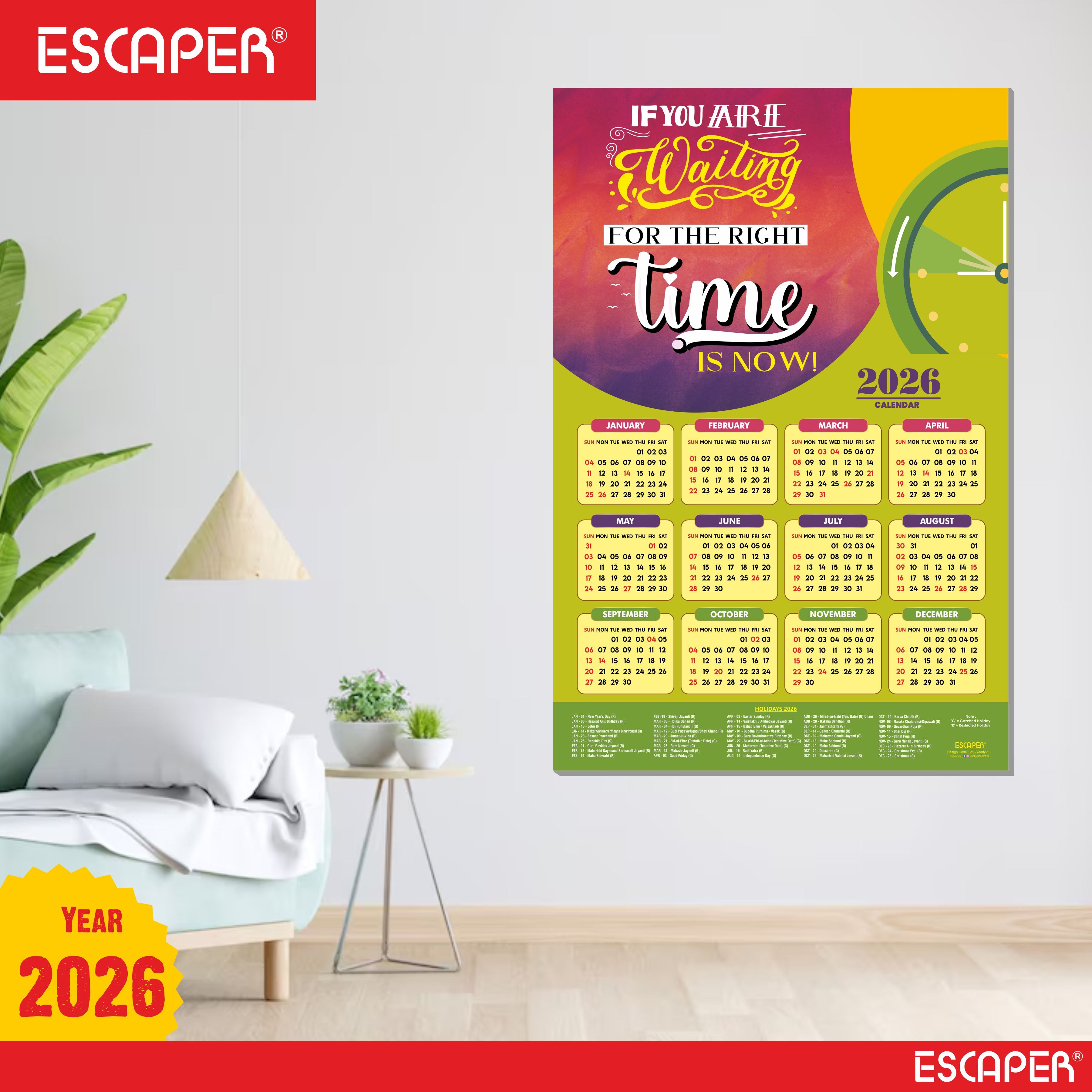 Motivational New Year Wall Calendar 2026 (45x30 cm) Laminated, 300 GSM Paper, Self Adhesive Back, Inspirational Quotes Wall Art For Home & Office Decor, Study Room